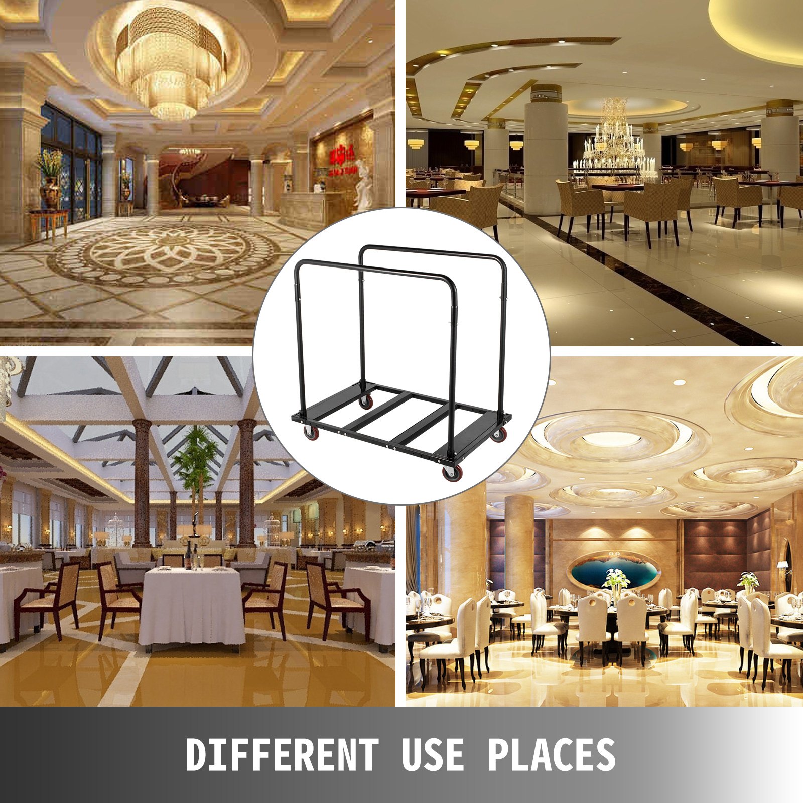 Carro de mesa plegable VEVOR, soporte de mesa negro para mesas redondas de 60 pulgadas, carrito de mesa resistente, carrito de escritorio negro, marco de acero, ruedas giratorias, muebles de hotel para eventos de fiesta, capacidad de 10 mesas