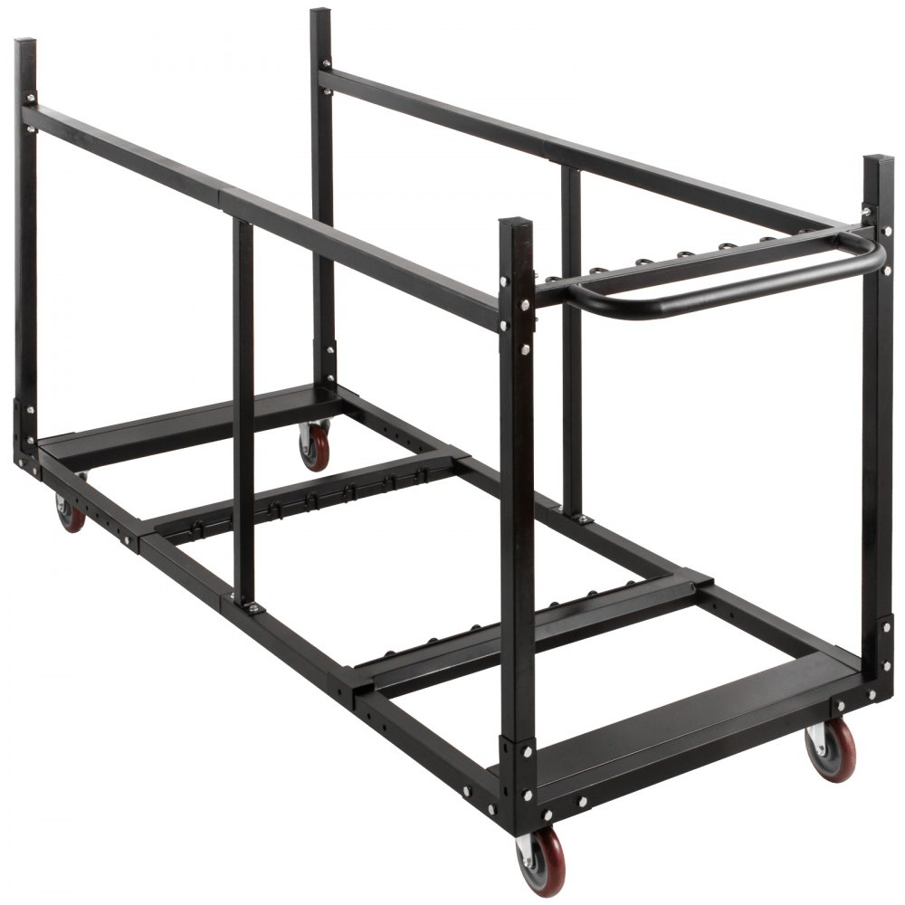 Silla y mesa VEVOR de metal negro con ruedas rojas para un fácil transporte.