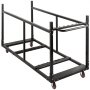Silla y mesa VEVOR de metal negro con ruedas rojas para un fácil transporte.