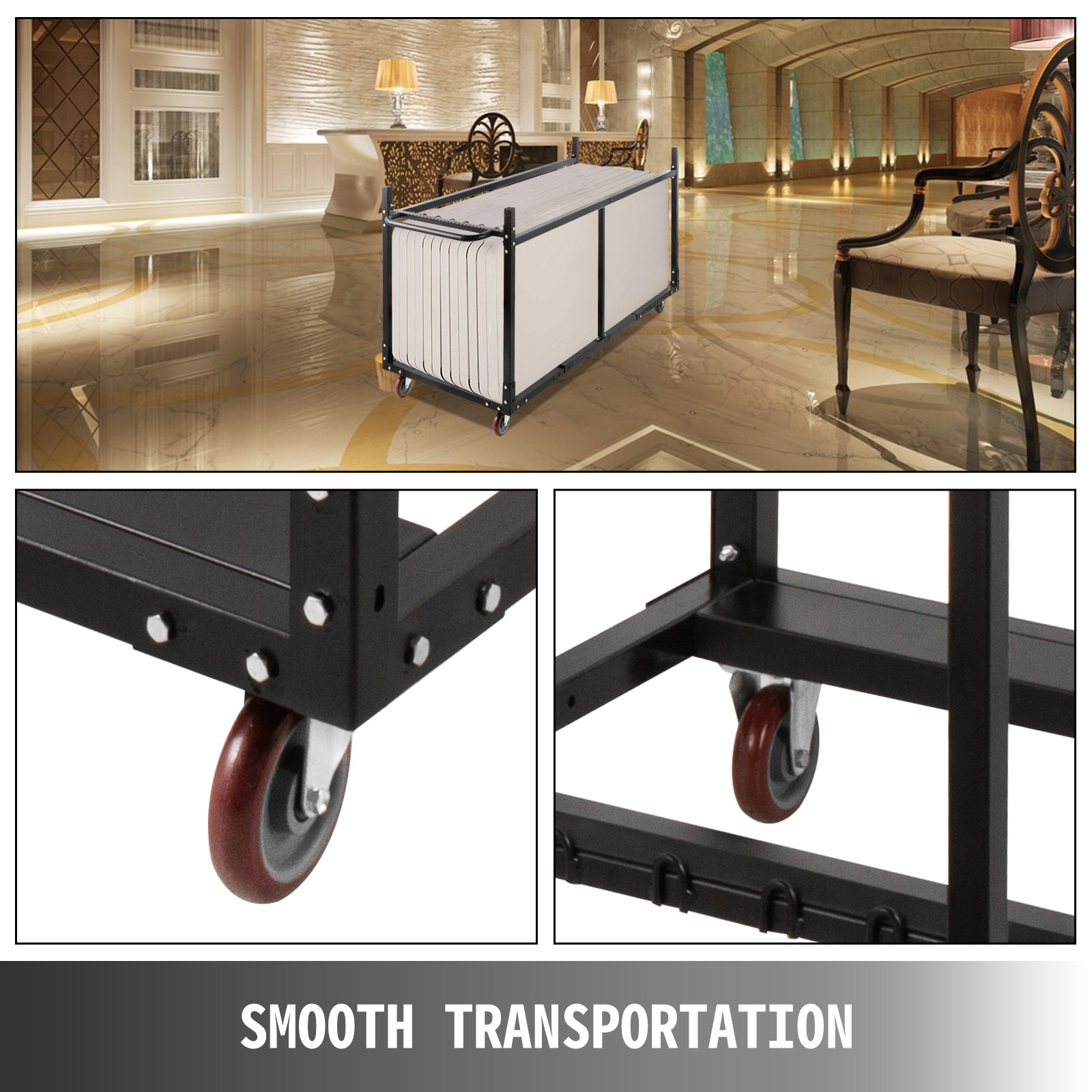 Silla y mesa con ruedas VEVOR en un elegante salón con primeros planos de ruedas resistentes.