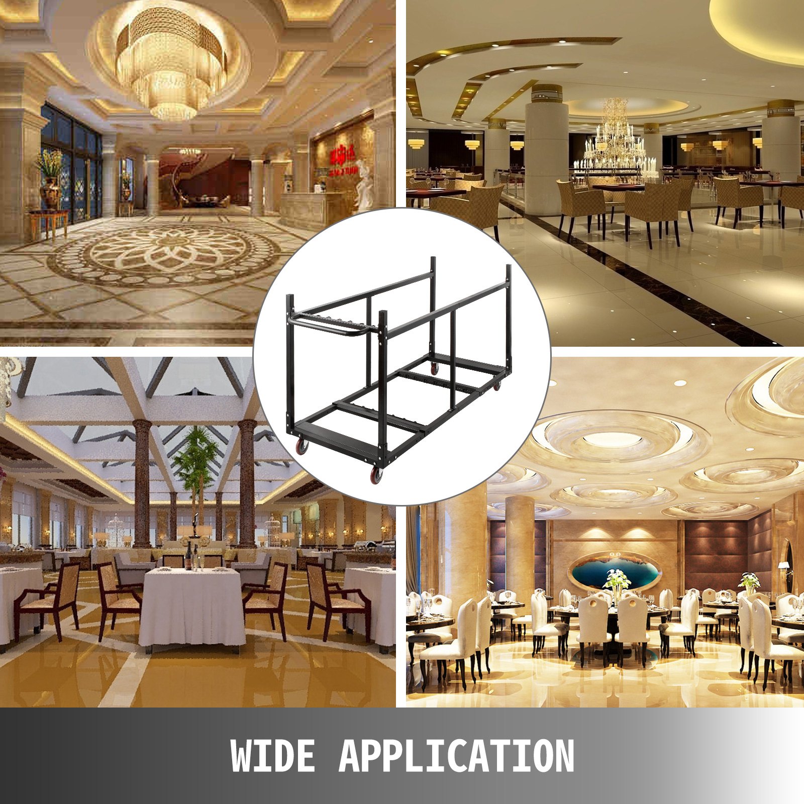 Plataforma rodante para sillas y mesas VEVOR en espacios para eventos elegantes y espaciosos. Amplias áreas de aplicación.