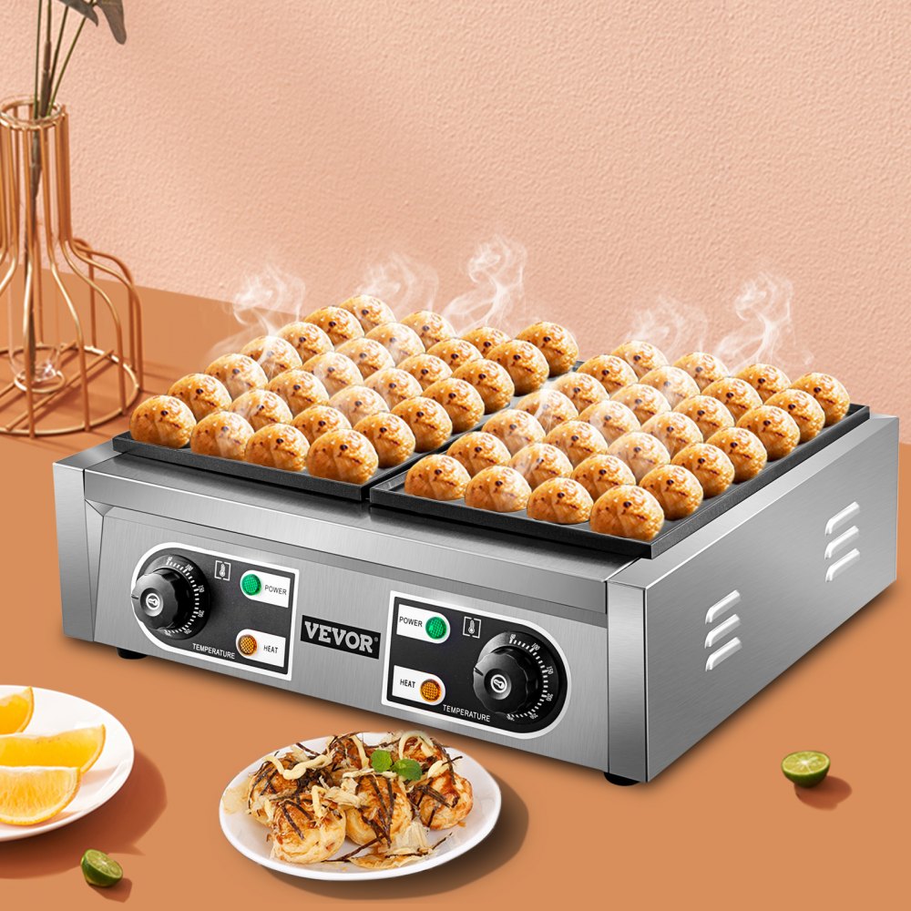 VEVOR Commercial Takoyaki Maker, 56 piezas de máquina japonesa de bolas de pescado de pulpo, máquina de parrilla Takoyaki de calentamiento de 2 kW, máquina de albóndigas de pulpo con 2 placas antiadherentes, máquina de bolas de pescado con control de temperatura independiente