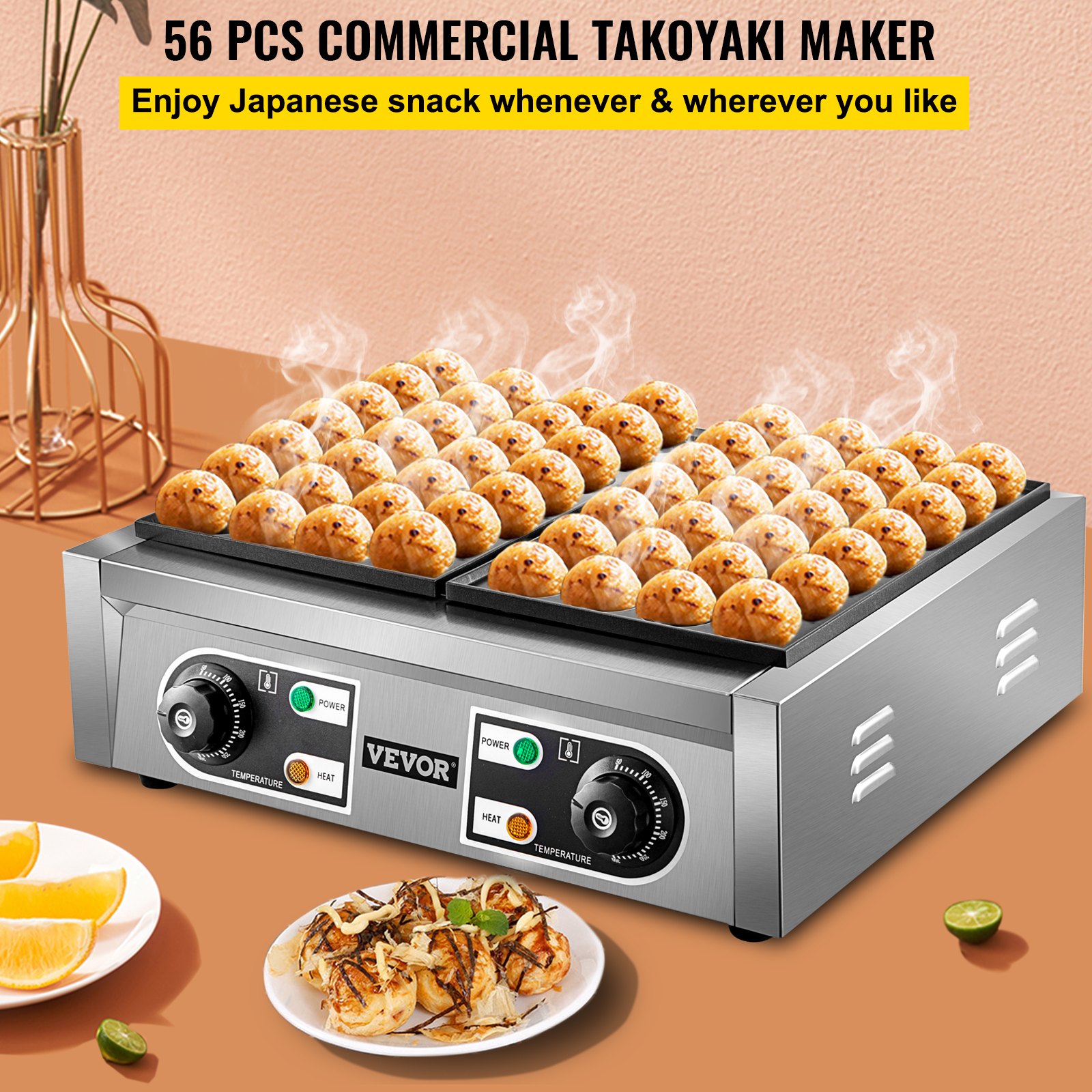VEVOR Commercial Takoyaki Maker, 56 piezas de máquina japonesa de bolas de pescado de pulpo, máquina de parrilla Takoyaki de calentamiento de 2 kW, máquina de albóndigas de pulpo con 2 placas antiadherentes, máquina de bolas de pescado con control de temperatura independiente