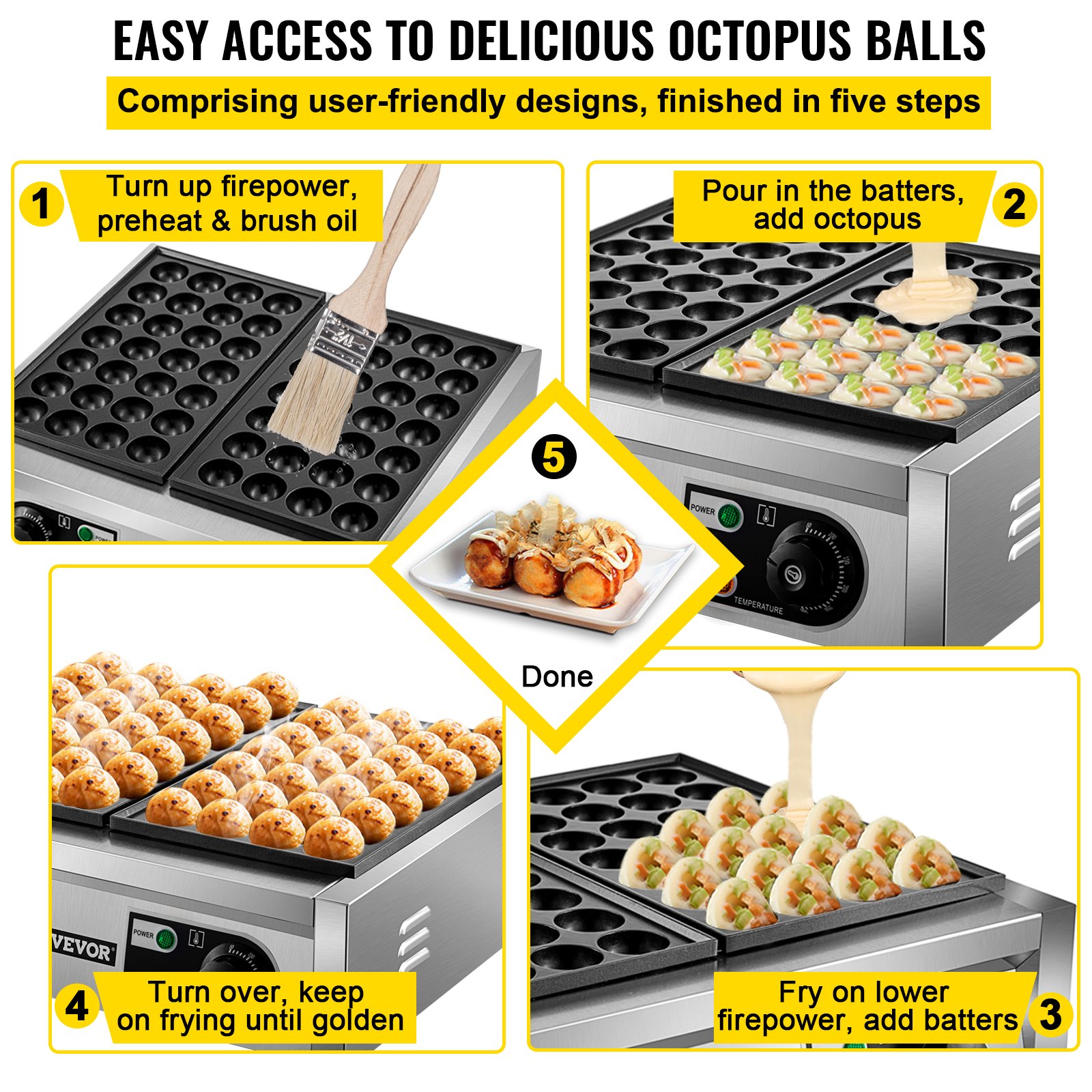 VEVOR Commercial Takoyaki Maker, 56 piezas de máquina japonesa de bolas de pescado de pulpo, máquina de parrilla Takoyaki de calentamiento de 2 kW, máquina de albóndigas de pulpo con 2 placas antiadherentes, máquina de bolas de pescado con control de temperatura independiente
