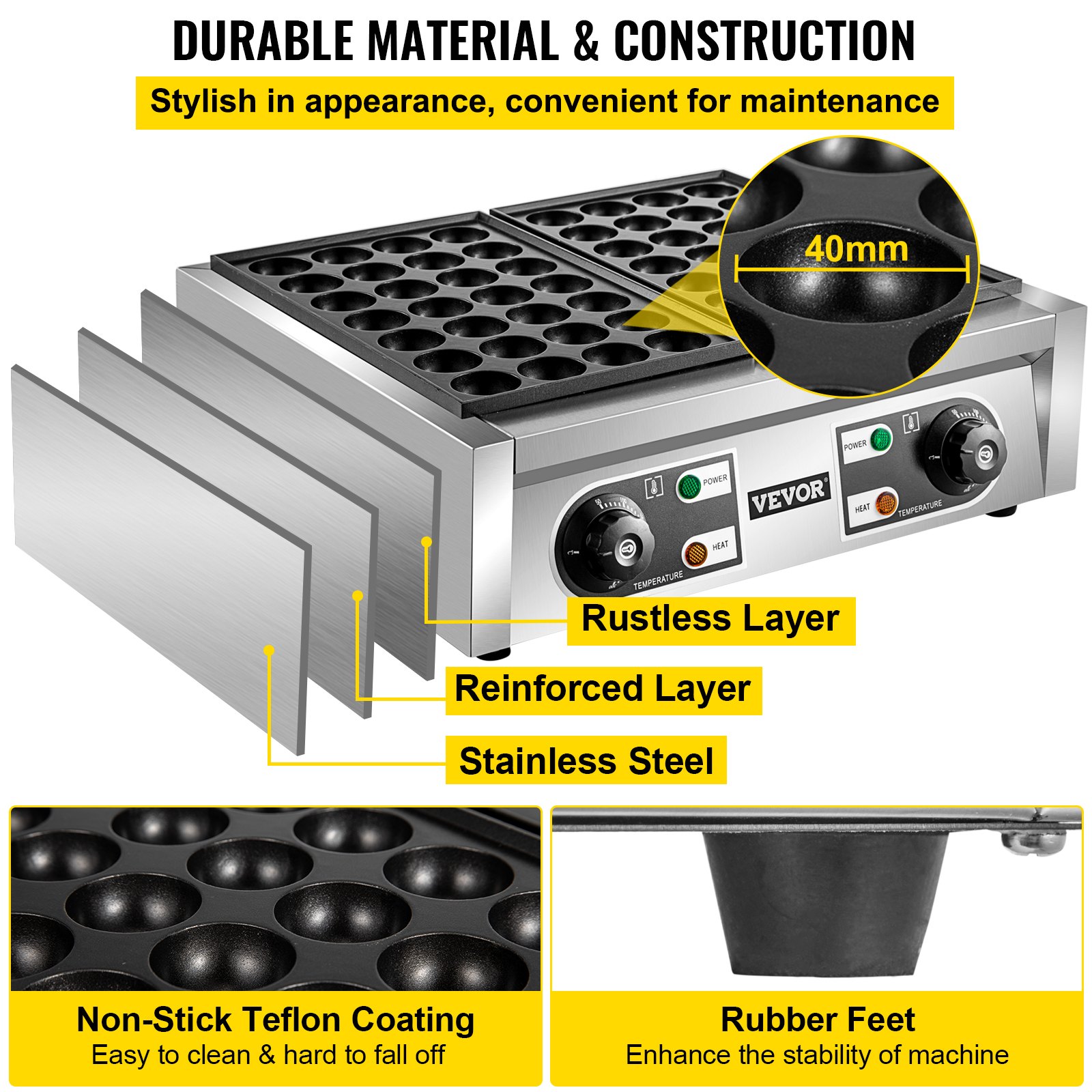 VEVOR Commercial Takoyaki Maker, 56 piezas de máquina japonesa de bolas de pescado de pulpo, máquina de parrilla Takoyaki de calentamiento de 2 kW, máquina de albóndigas de pulpo con 2 placas antiadherentes, máquina de bolas de pescado con control de temperatura independiente