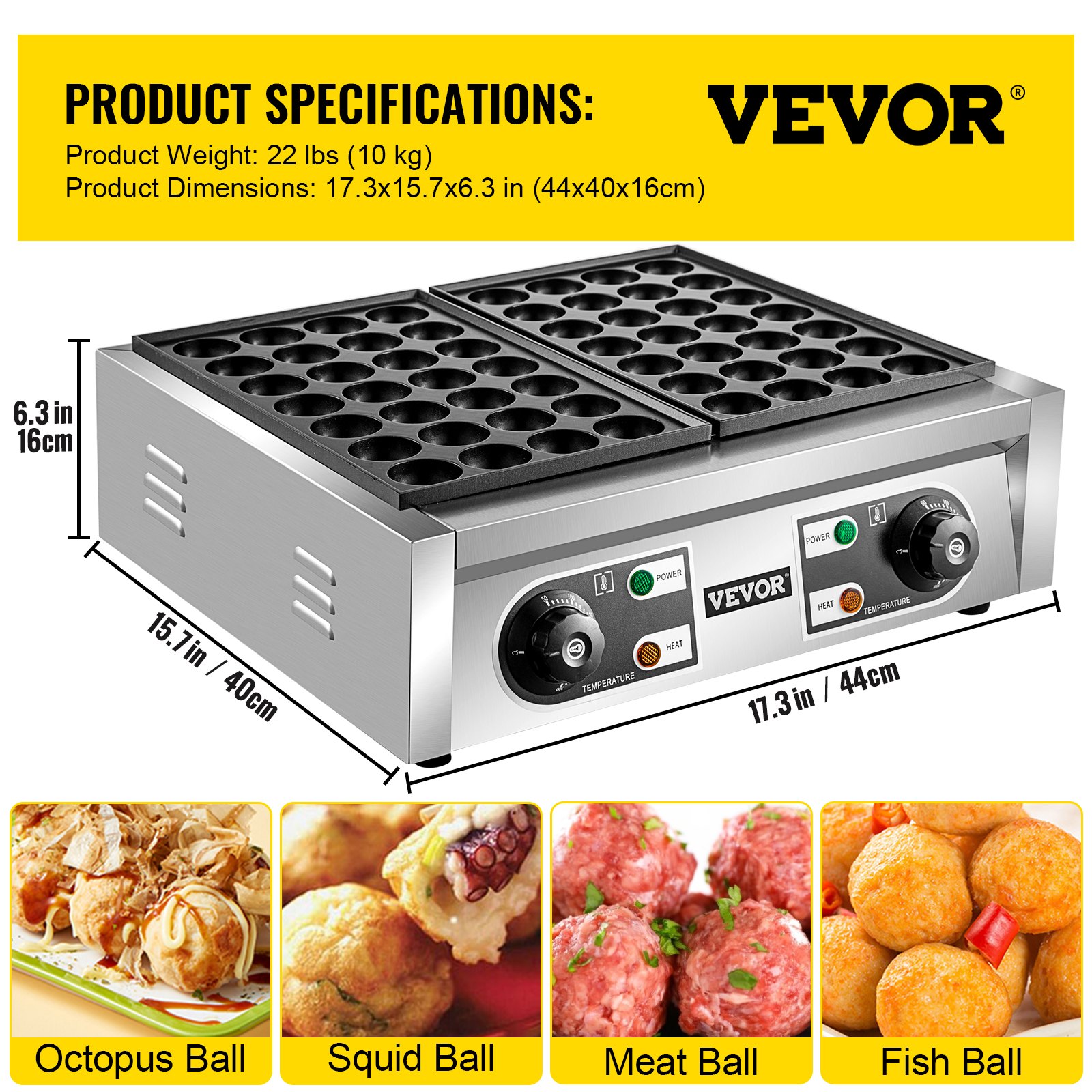 VEVOR Commercial Takoyaki Maker, 56 piezas de máquina japonesa de bolas de pescado de pulpo, máquina de parrilla Takoyaki de calentamiento de 2 kW, máquina de albóndigas de pulpo con 2 placas antiadherentes, máquina de bolas de pescado con control de temperatura independiente