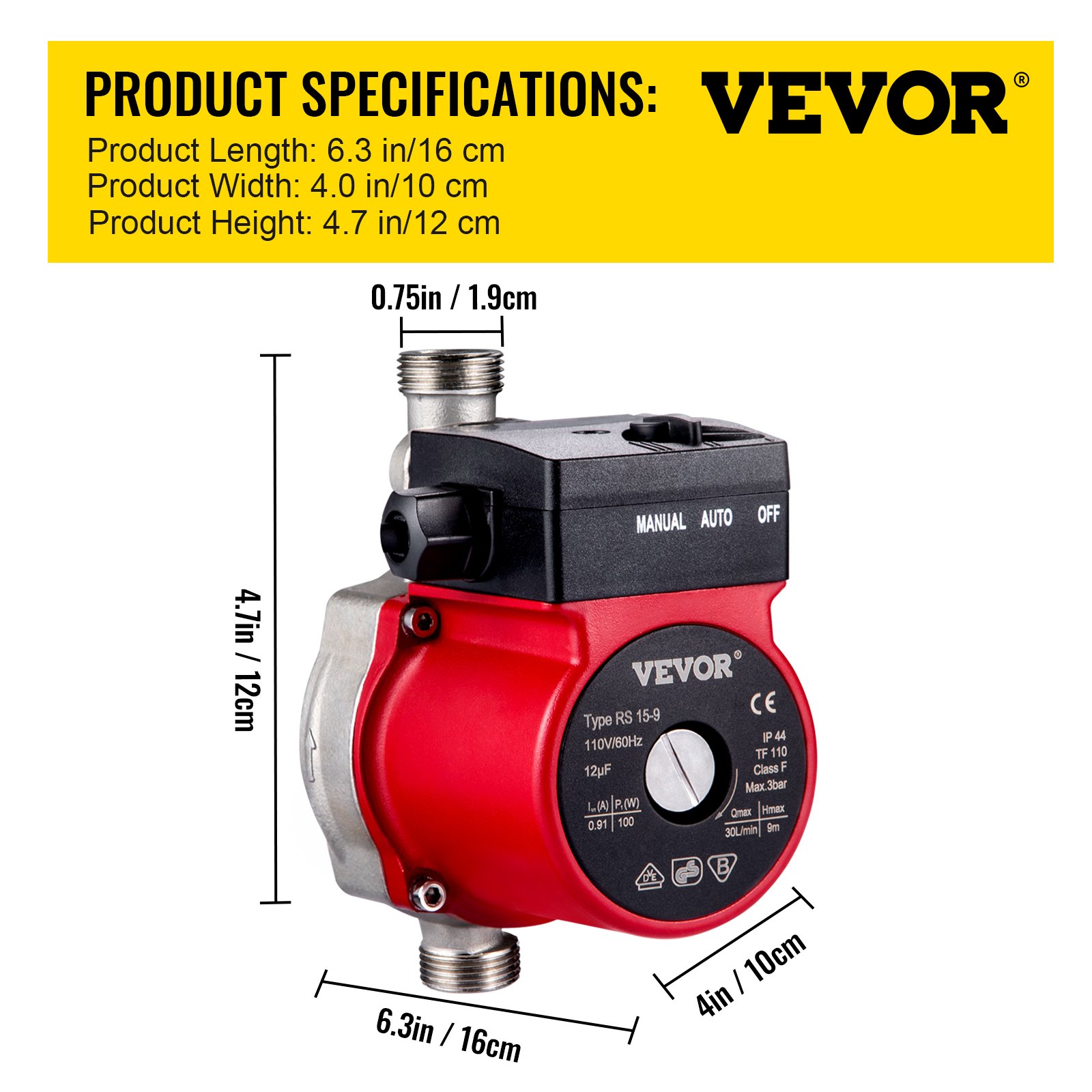 Bomba de recirculación de agua caliente VEVOR, 6,3 x 4,0 x 4,7 pulgadas con interruptor manual/automático/apagado.