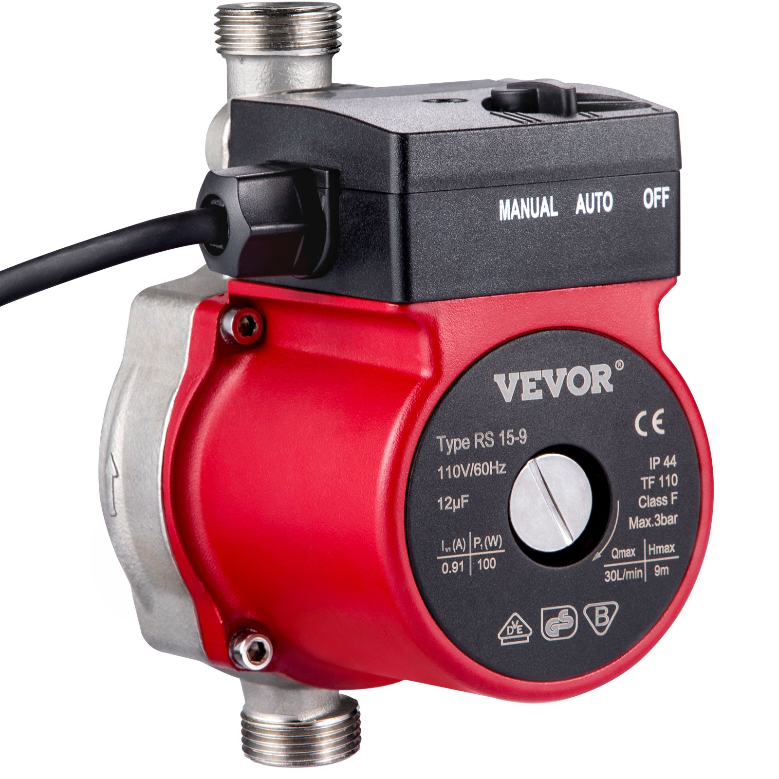 Bomba de recirculación de agua caliente VEVOR con configuraciones manual, automática y apagada.