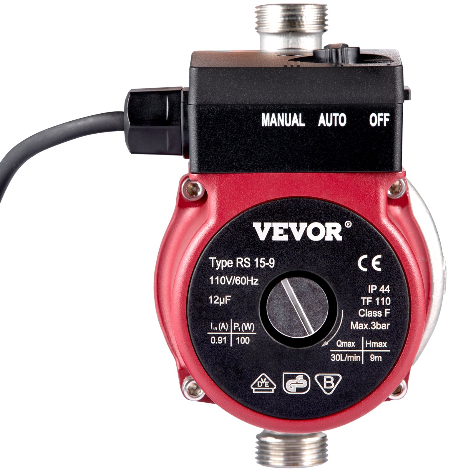 Bomba de recirculación de agua caliente VEVOR con configuraciones manual, automática y apagada.