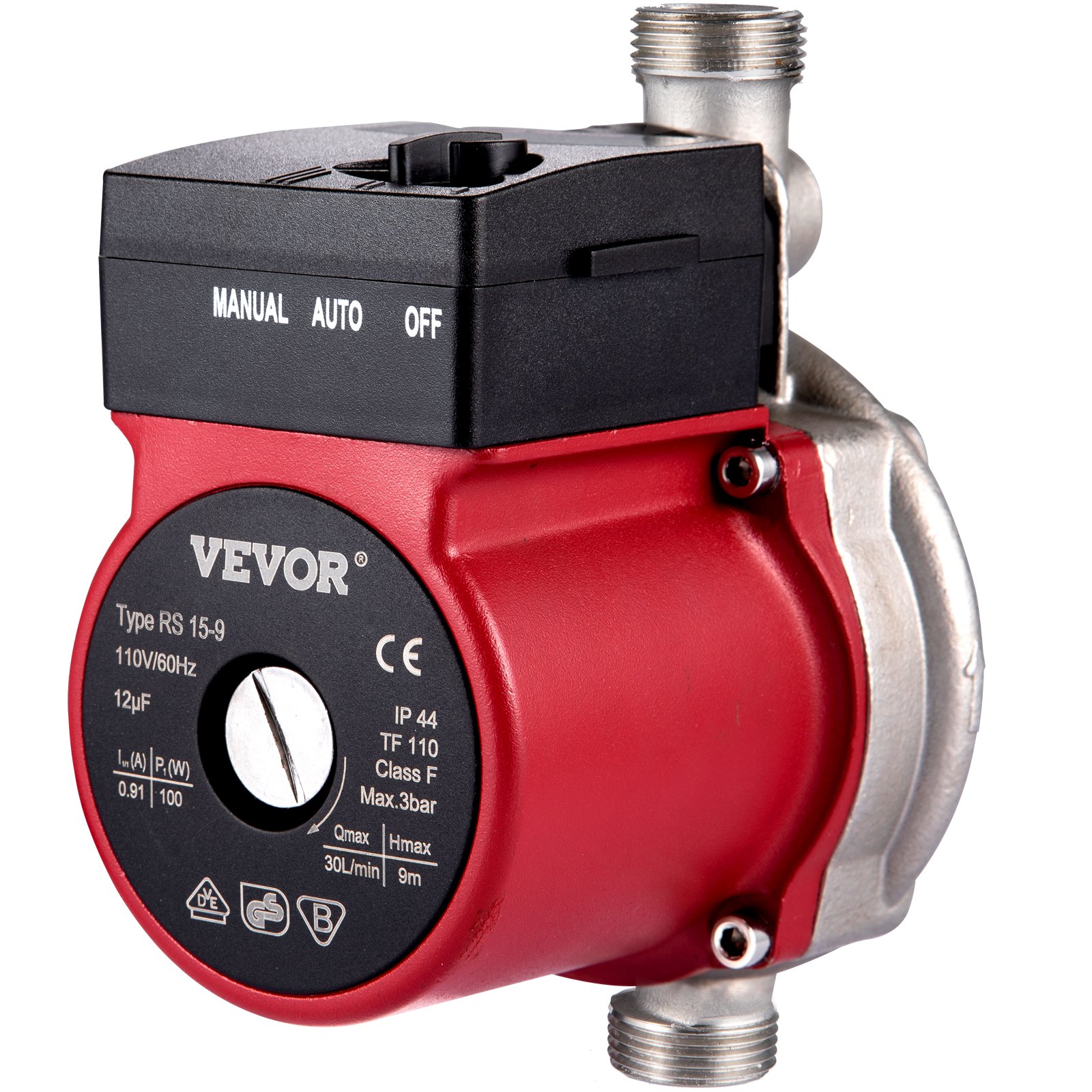 Bomba de recirculación de agua caliente VEVOR, roja y plateada con configuraciones manual, automática y apagada