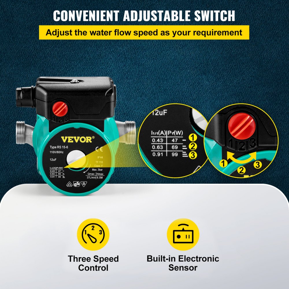 Bomba de recirculación de agua caliente VEVOR, 93 W, 110 V, adaptador de latón de rosca G de 3/4″ a NPT de 1/2″, cabezal de acero inoxidable, control de 3 velocidades para calentador de agua eléctrico.