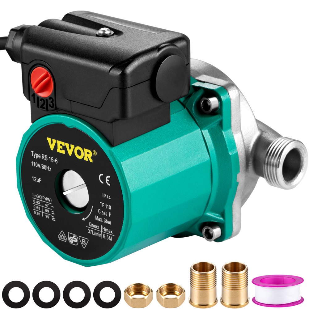 Bomba de recirculación de agua caliente VEVOR, 93 W, 110 V, adaptador de latón de rosca G de 3/4″ a NPT de 1/2″, cabezal de acero inoxidable, control de 3 velocidades para calentador de agua eléctrico.