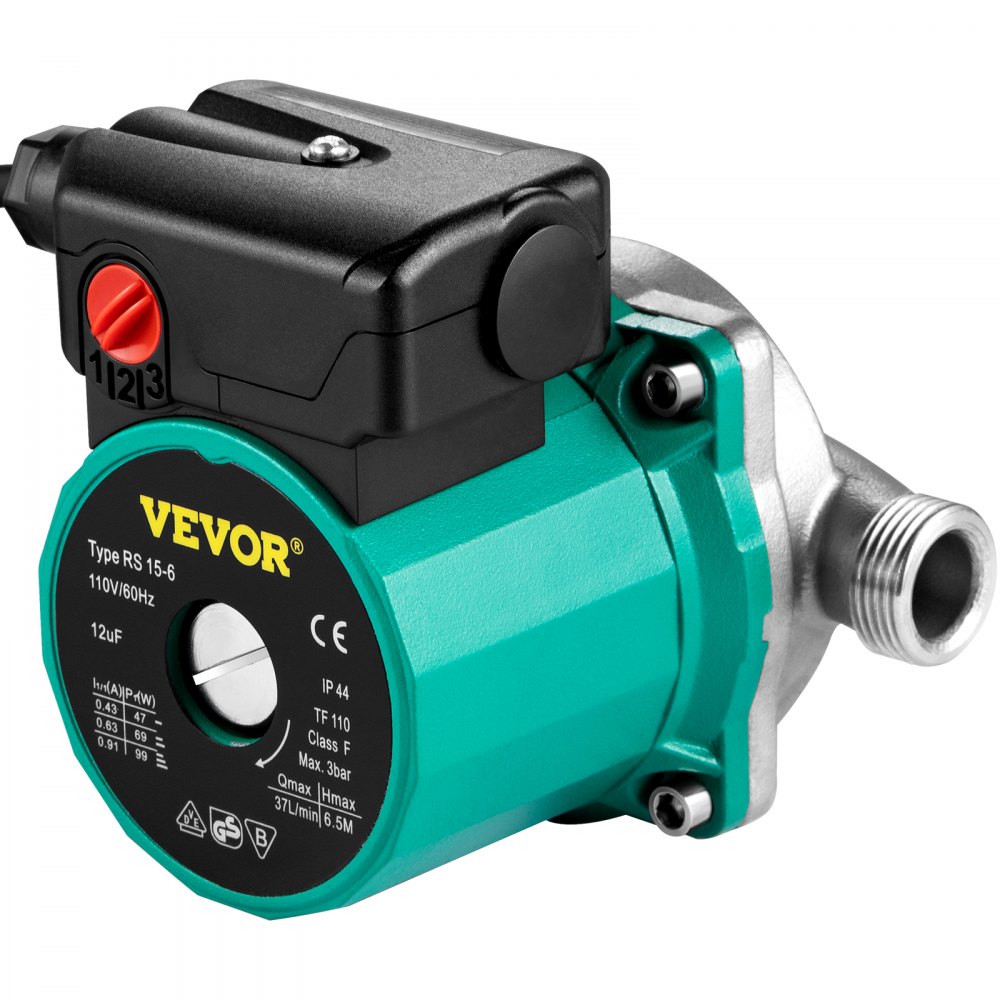 Bomba de recirculación de agua caliente VEVOR, 93 W, 110 V, adaptador de latón de rosca G de 3/4″ a NPT de 1/2″, cabezal de acero inoxidable, control de 3 velocidades para calentador de agua eléctrico.