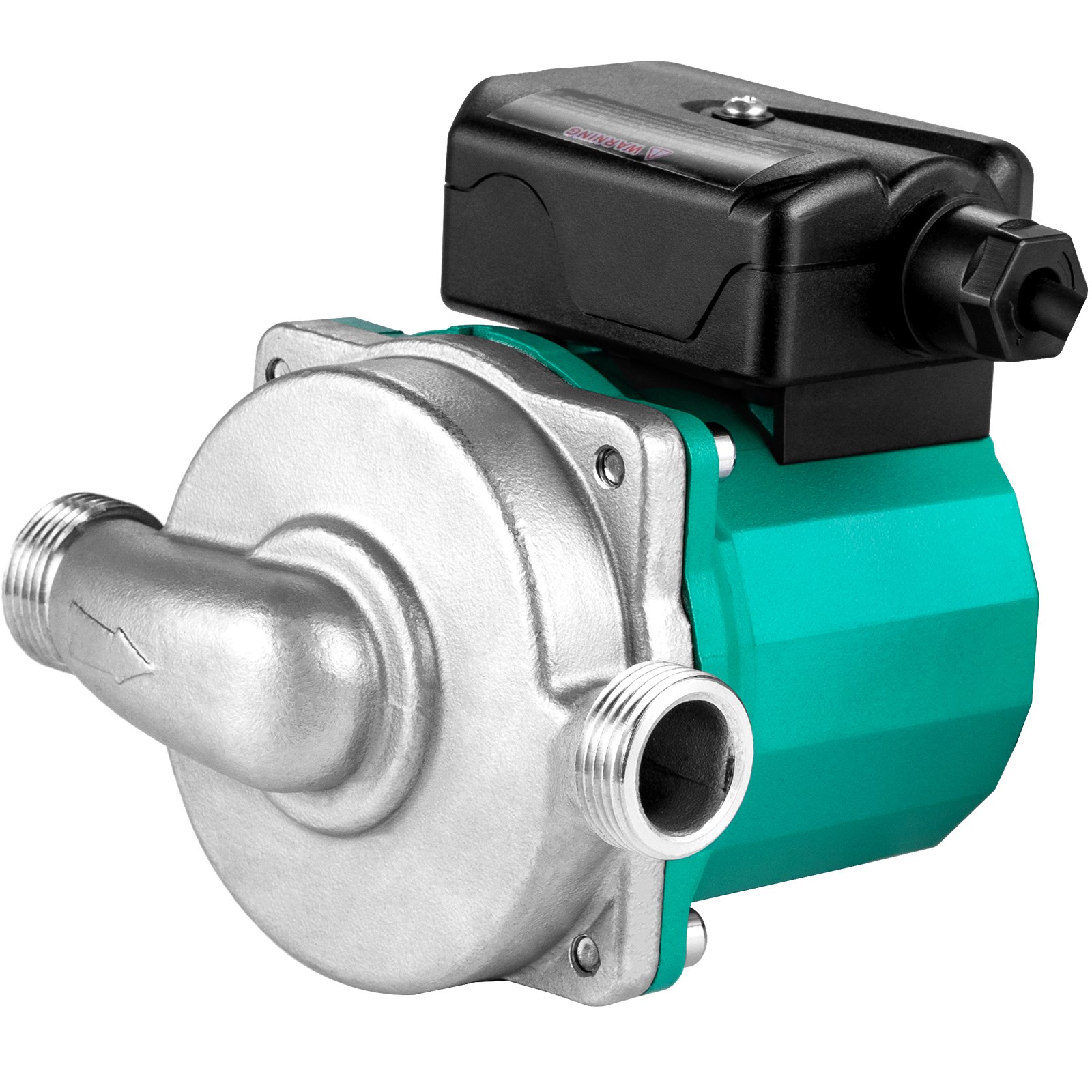 Bomba de recirculación de agua caliente VEVOR con cuerpo verde y plateado y unidad superior negra.