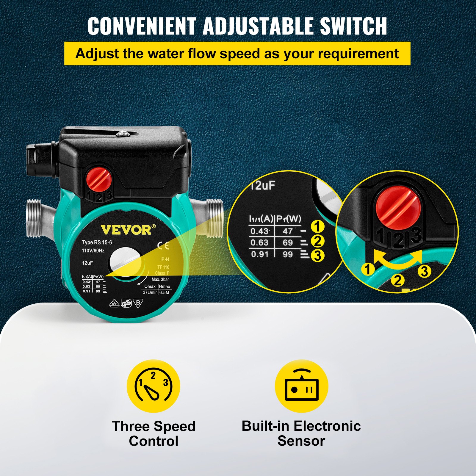 Bomba de recirculación de agua caliente VEVOR, 93 W, 110 V, adaptador de latón de rosca G de 3/4″ a NPT de 1/2″, cabezal de acero inoxidable, control de 3 velocidades para calentador de agua eléctrico.