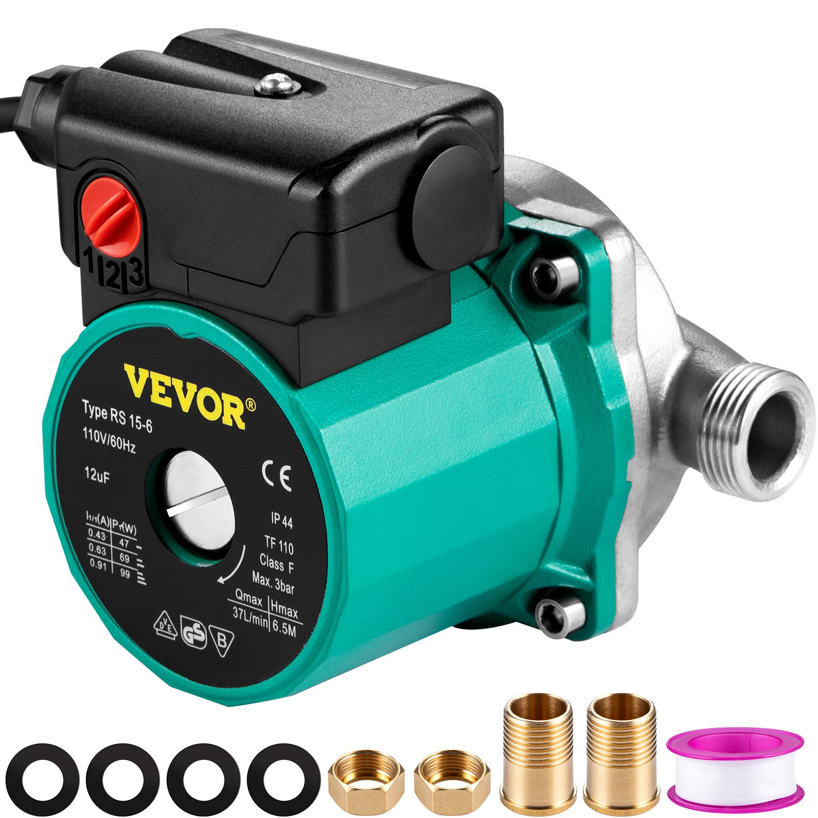 Bomba de recirculación de agua caliente VEVOR, 93 W, 110 V, adaptador de latón de rosca G de 3/4″ a NPT de 1/2″, cabezal de acero inoxidable, control de 3 velocidades para calentador de agua eléctrico.