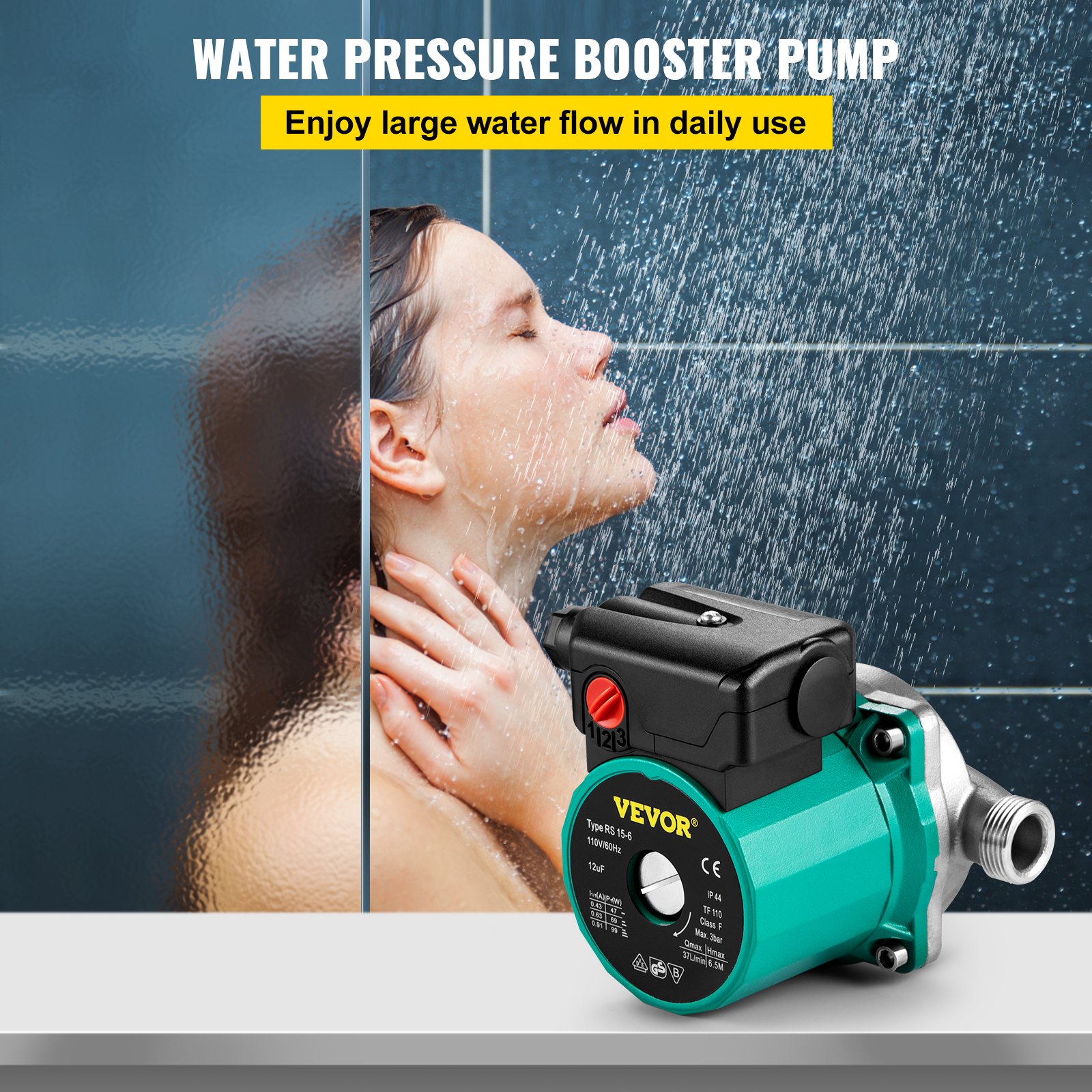 Bomba de recirculación de agua caliente VEVOR, 93 W, 110 V, adaptador de latón de rosca G de 3/4″ a NPT de 1/2″, cabezal de acero inoxidable, control de 3 velocidades para calentador de agua eléctrico.