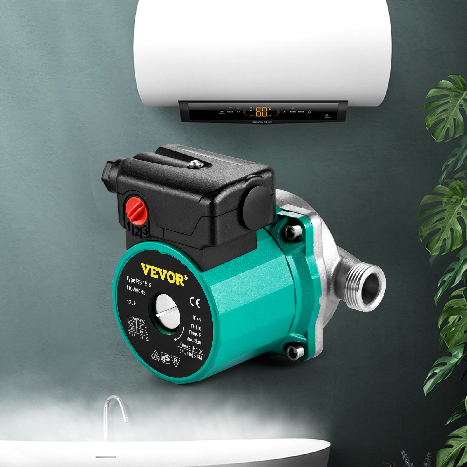 Bomba de recirculación de agua caliente VEVOR, 93 W, 110 V, adaptador de latón de rosca G de 3/4″ a NPT de 1/2″, cabezal de acero inoxidable, control de 3 velocidades para calentador de agua eléctrico.