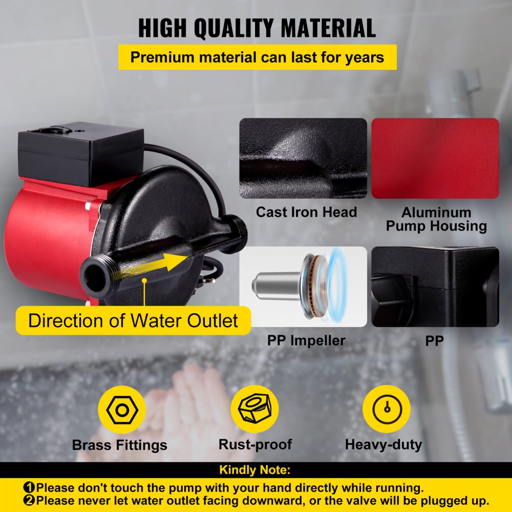 Bomba de recirculación de agua caliente VEVOR, 245 W, 110 V, arranque automático, NPT de 3/4", con conexiones de latón, cabezal de acero inoxidable, control de 2 velocidades para calentador de agua eléctrico.