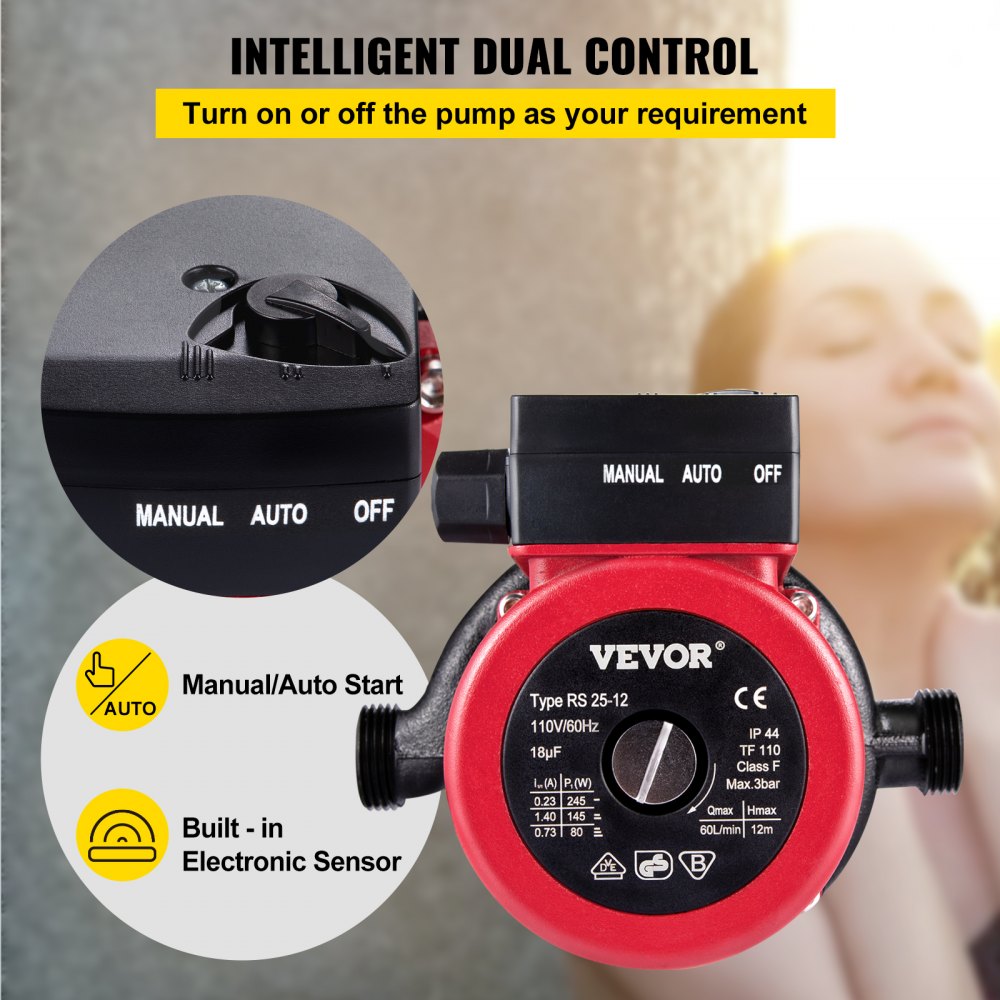 Bomba de recirculación de agua caliente VEVOR, 245 W, 110 V, arranque automático, NPT de 3/4", con conexiones de latón, cabezal de acero inoxidable, control de 2 velocidades para calentador de agua eléctrico.