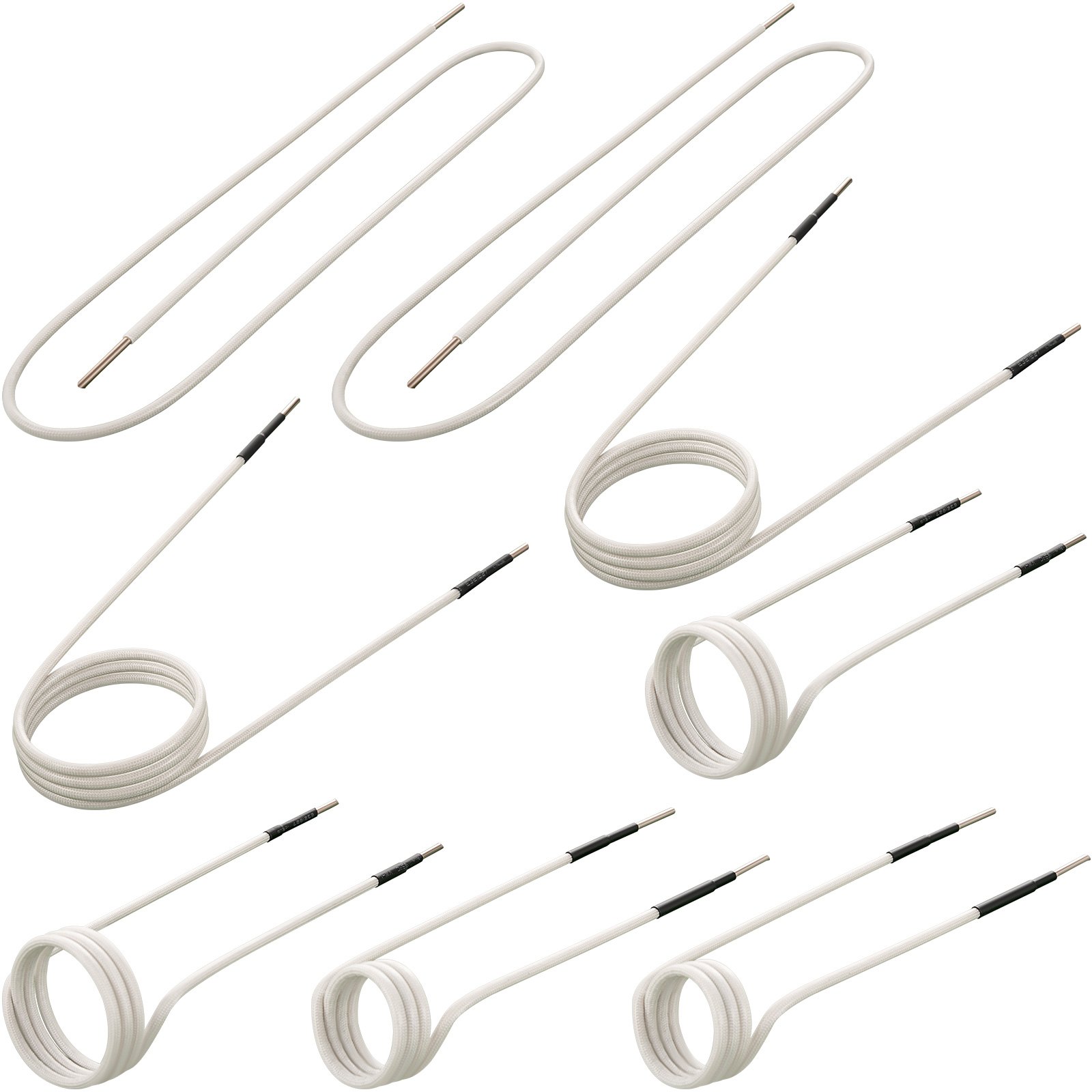 Bobinas blancas y líneas rectas para calentador de inducción VEVOR, dispuestas en varias configuraciones.