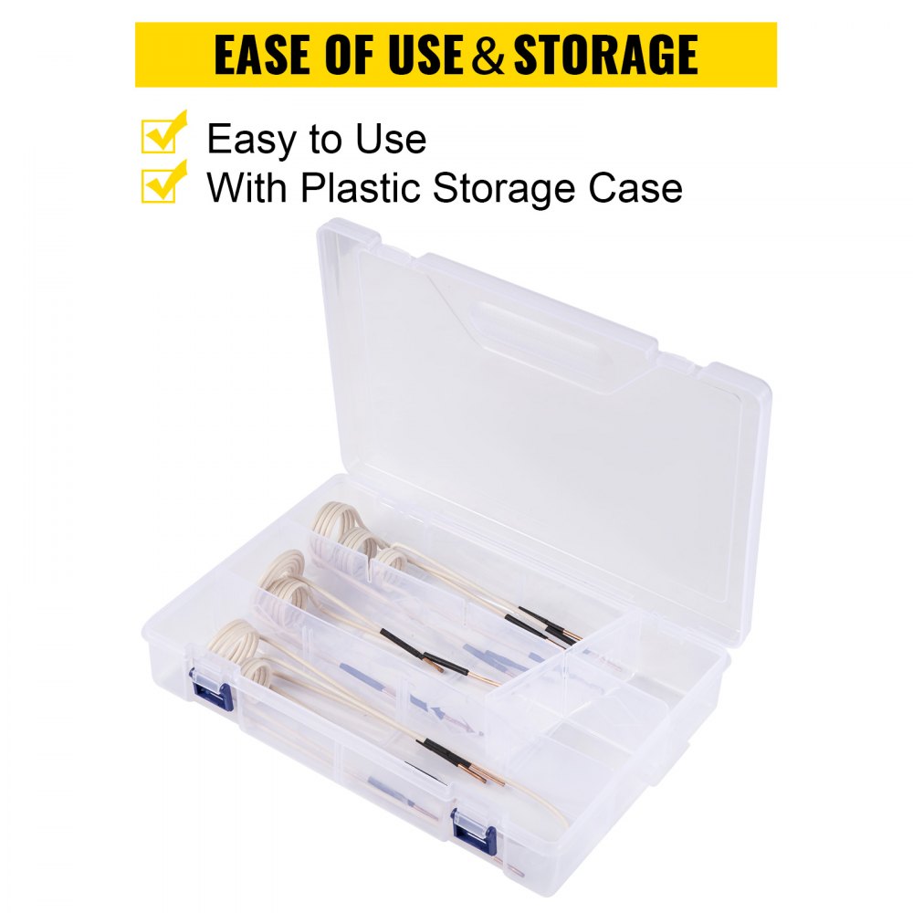 Kit de calentador de inducción VEVOR en estuche de almacenamiento de plástico, fácil de usar y almacenar.