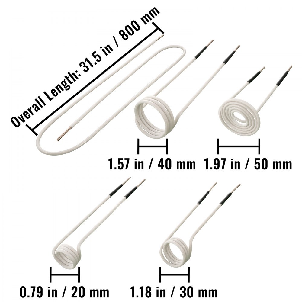 Kit de calentador de inducción VEVOR con varios tamaños de bobina y 31,5 pulgadas de longitud total.