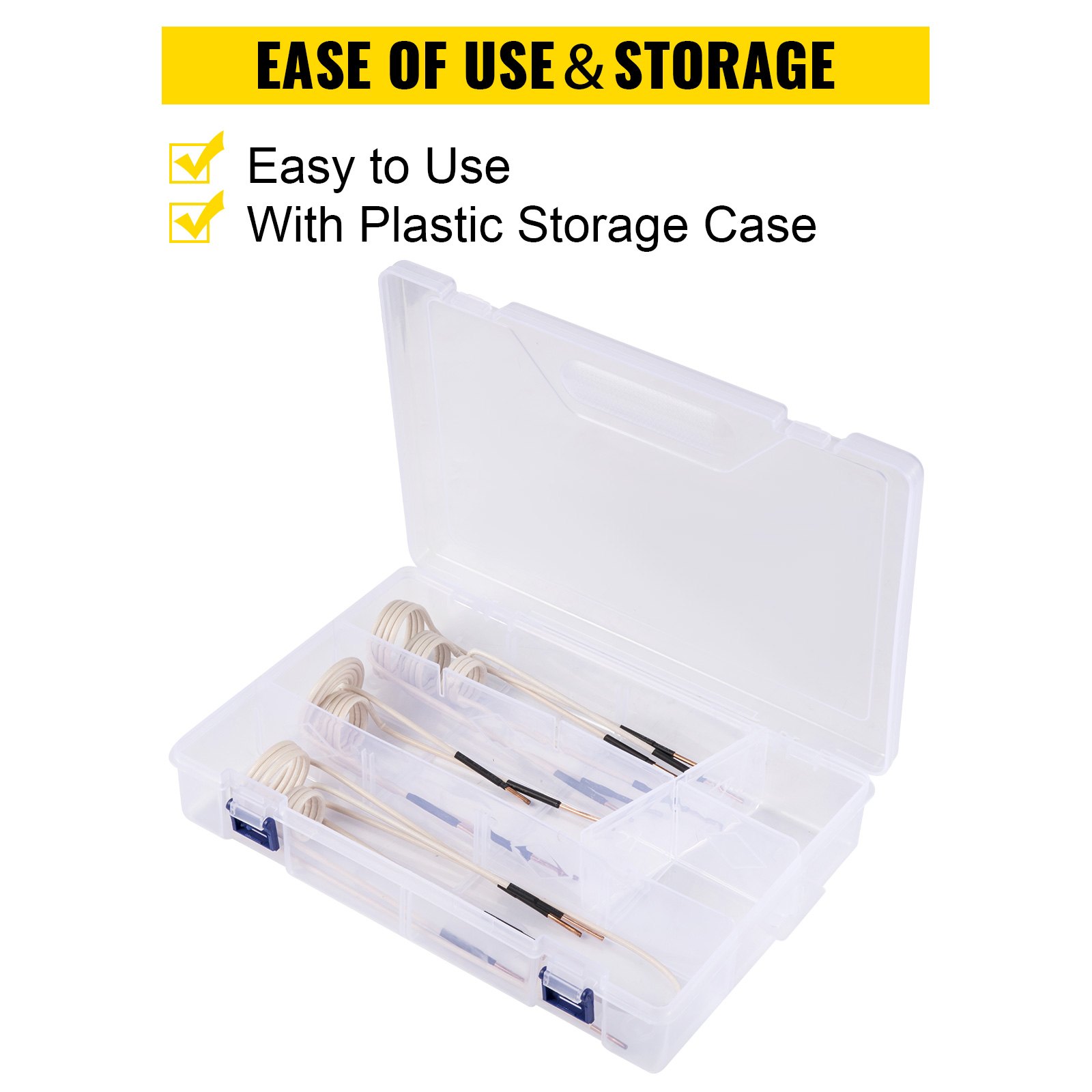 Kit de calentador de inducción VEVOR en estuche de almacenamiento de plástico, fácil de usar y almacenar.
