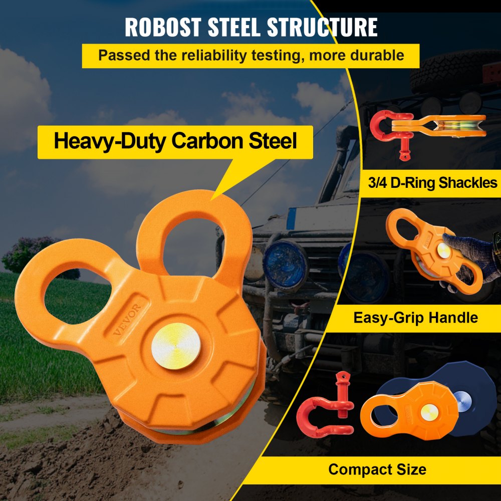 Bloque de arranque VEVOR, límite de carga de trabajo de 11T/25,000 LBS, polea de cabrestante resistente para cuerda sintética de 0,55"/14 mm o grilletes blandos, accesorios de recuperación todoterreno para tractor, camión, ATV y UTV, 1 paquete