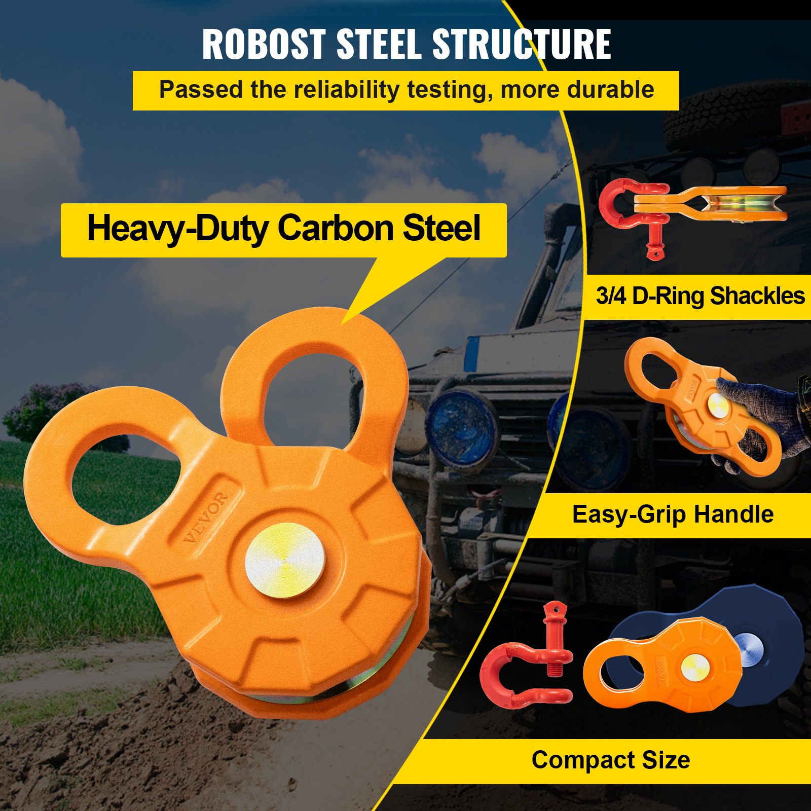 Bloque de arranque VEVOR, límite de carga de trabajo de 11T/25,000 LBS, polea de cabrestante resistente para cuerda sintética de 0,55"/14 mm o grilletes blandos, accesorios de recuperación todoterreno para tractor, camión, ATV y UTV, 1 paquete
