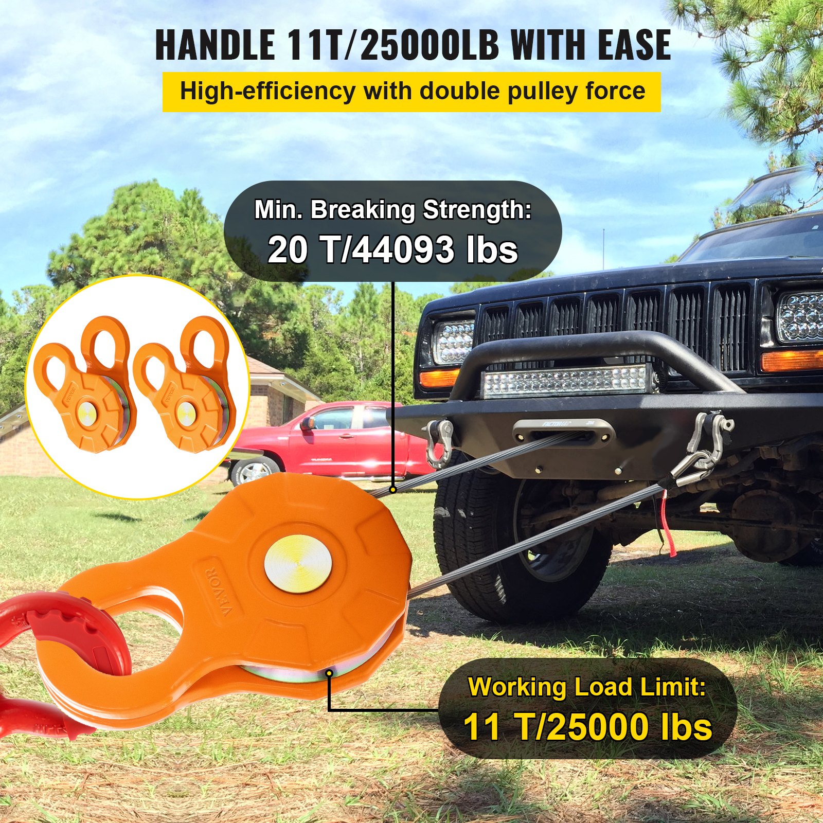 VEVOR Snatch Block, límite de carga de trabajo de 11T/25,000 LBS, polea de cabrestante resistente para cuerda sintética de 0,55"/14 mm o grilletes blandos, accesorios de recuperación todoterreno para tractor, camión, ATV y UTV, 2 paquetes