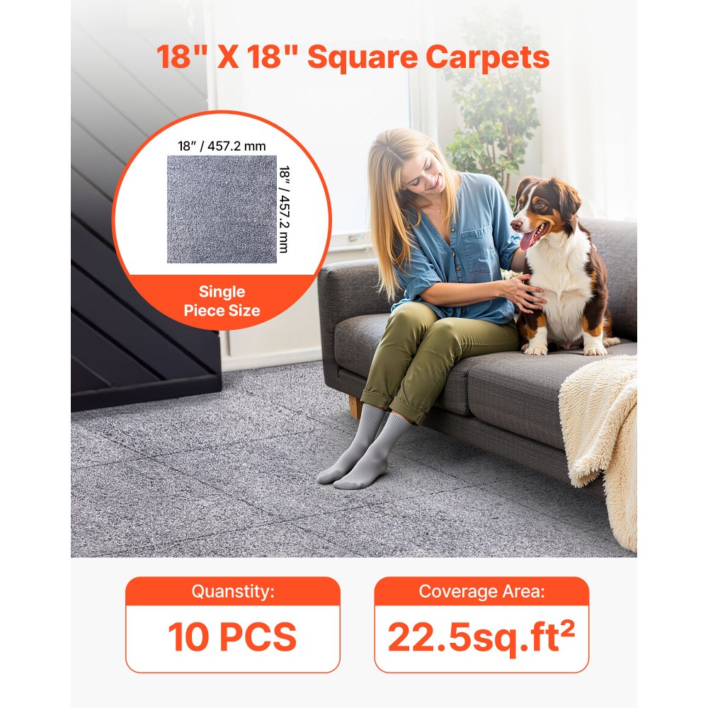 Baldosas de moqueta VEVOR de 45 x 45 cm, paquete de 10 unidades, alfombra cuadrada desmontable y sin daños, autoadhesiva, suave y acolchada para suelos, cubre 2,1 m², fácil de instalar en el salón y el dormitorio, color gris.