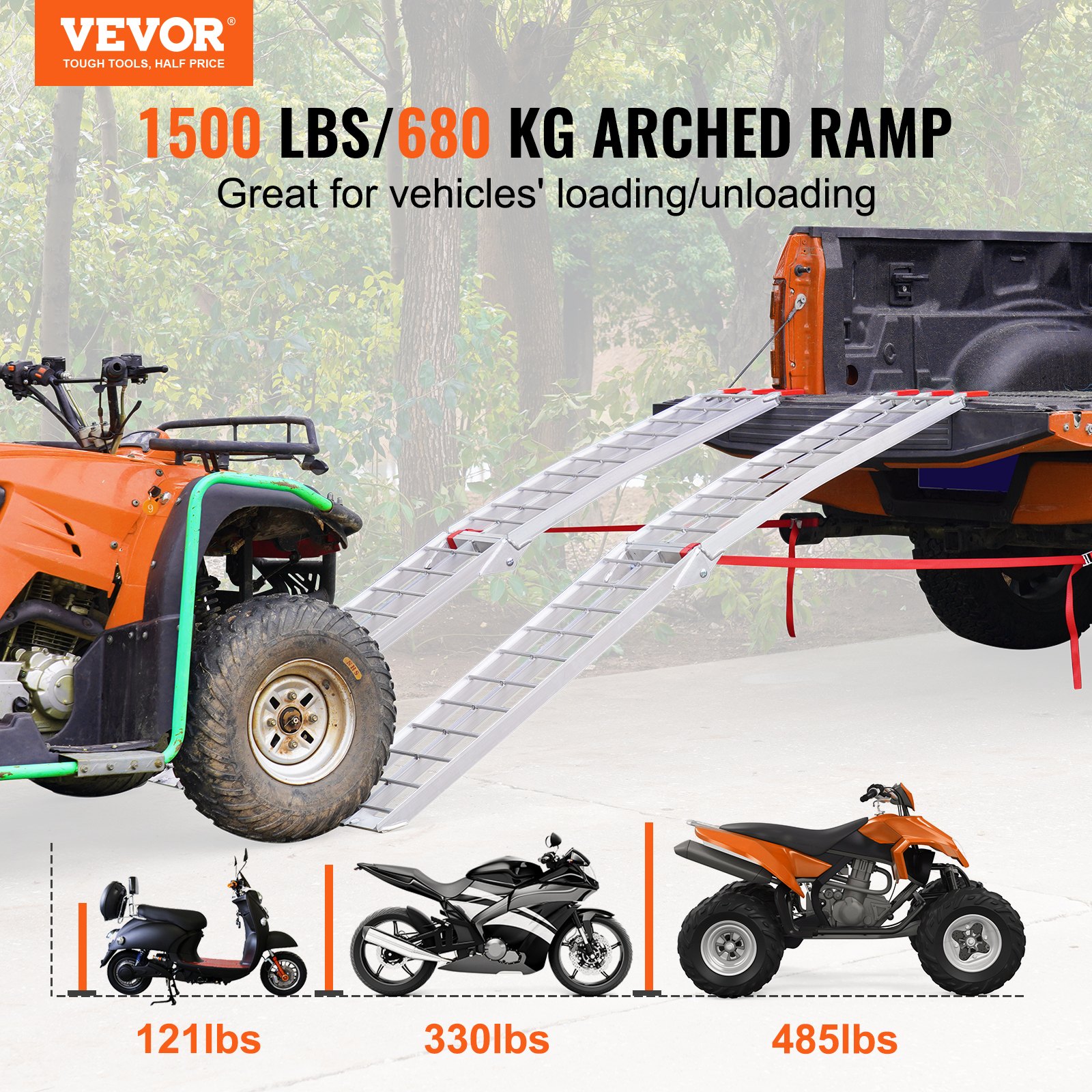 Rampas de carga de aluminio VEVOR para vehículos todo terreno, motocicletas y scooters, capacidad de 1500 libras, diseño arqueado.