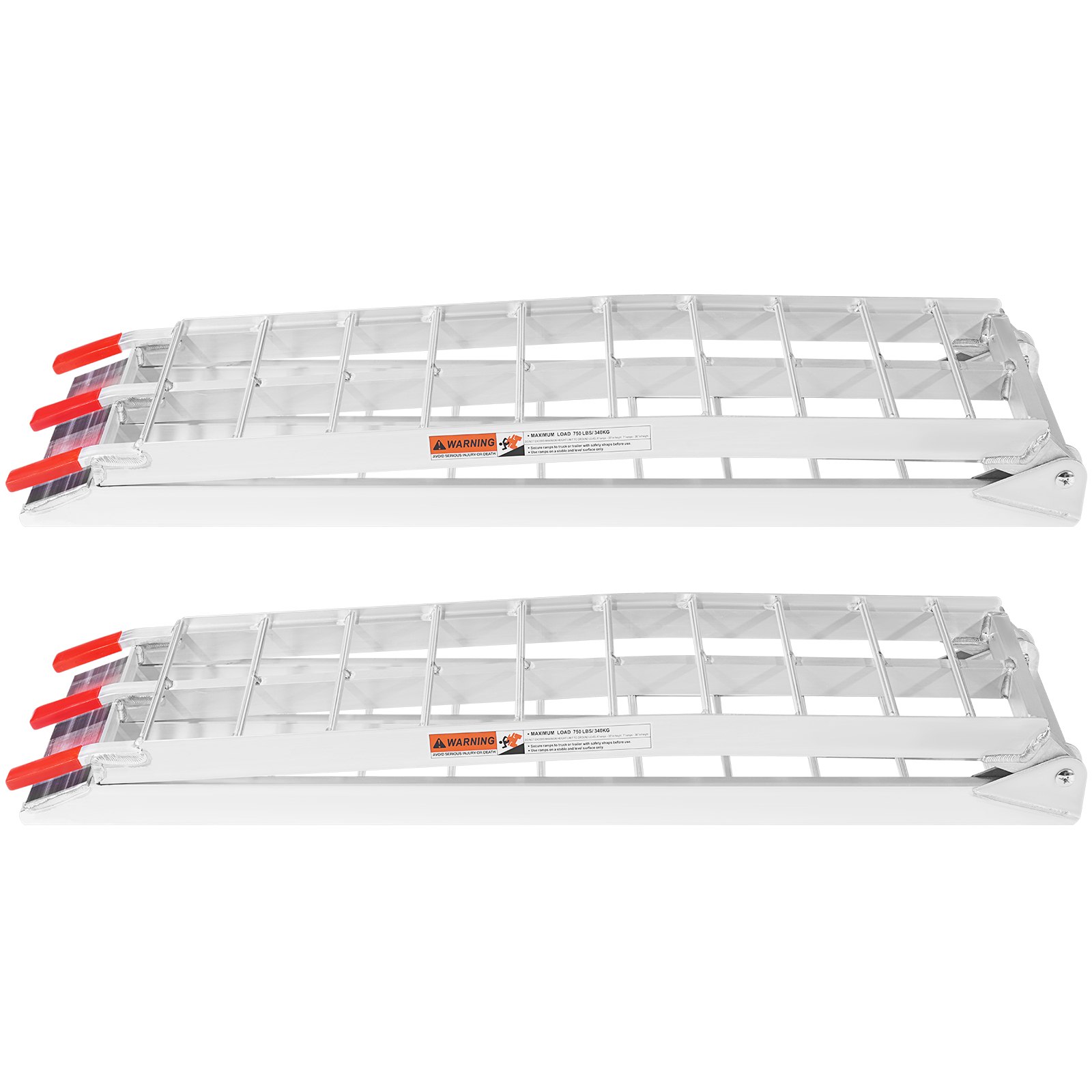 Rampas de carga de aluminio VEVOR con diseño plegable y pestañas de seguridad rojas.