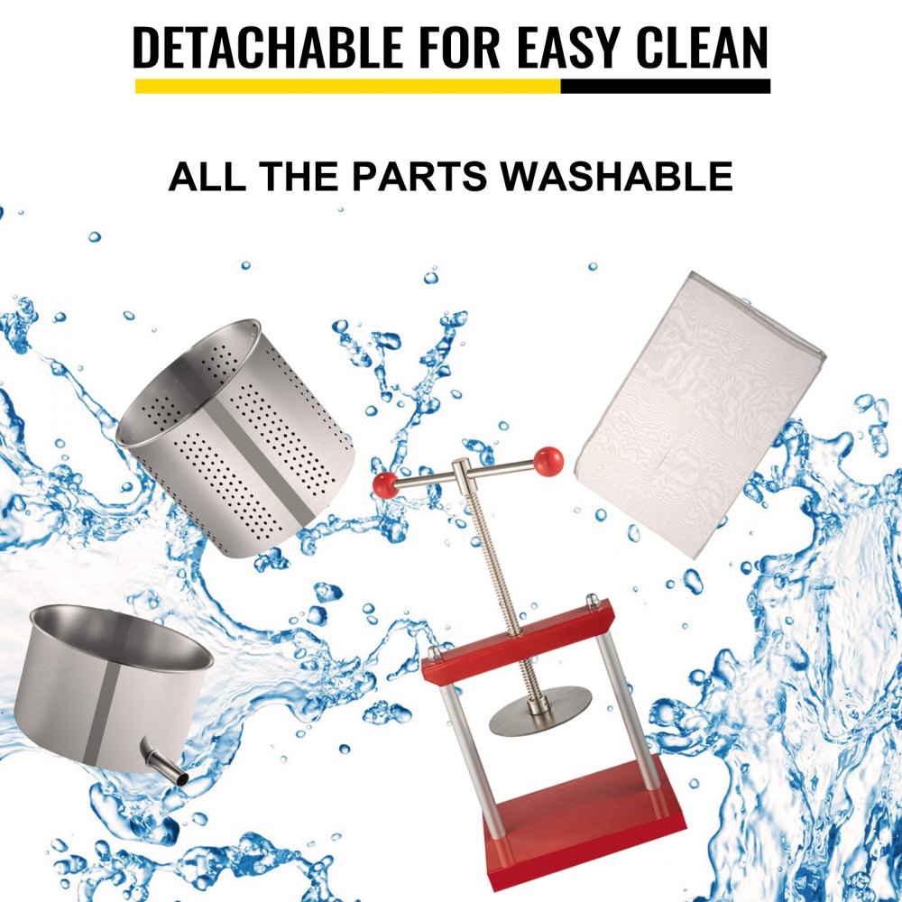 Prensa de vino de frutas VEVOR, prensa de uvas de 3,5 l (0,9 galones) para vinificación, máquina de prensado de vino con 2 barriles de acero inoxidable, prensa para tintura de vino, queso, frutas y verduras con mango en T y placa de 3 mm de grosor.