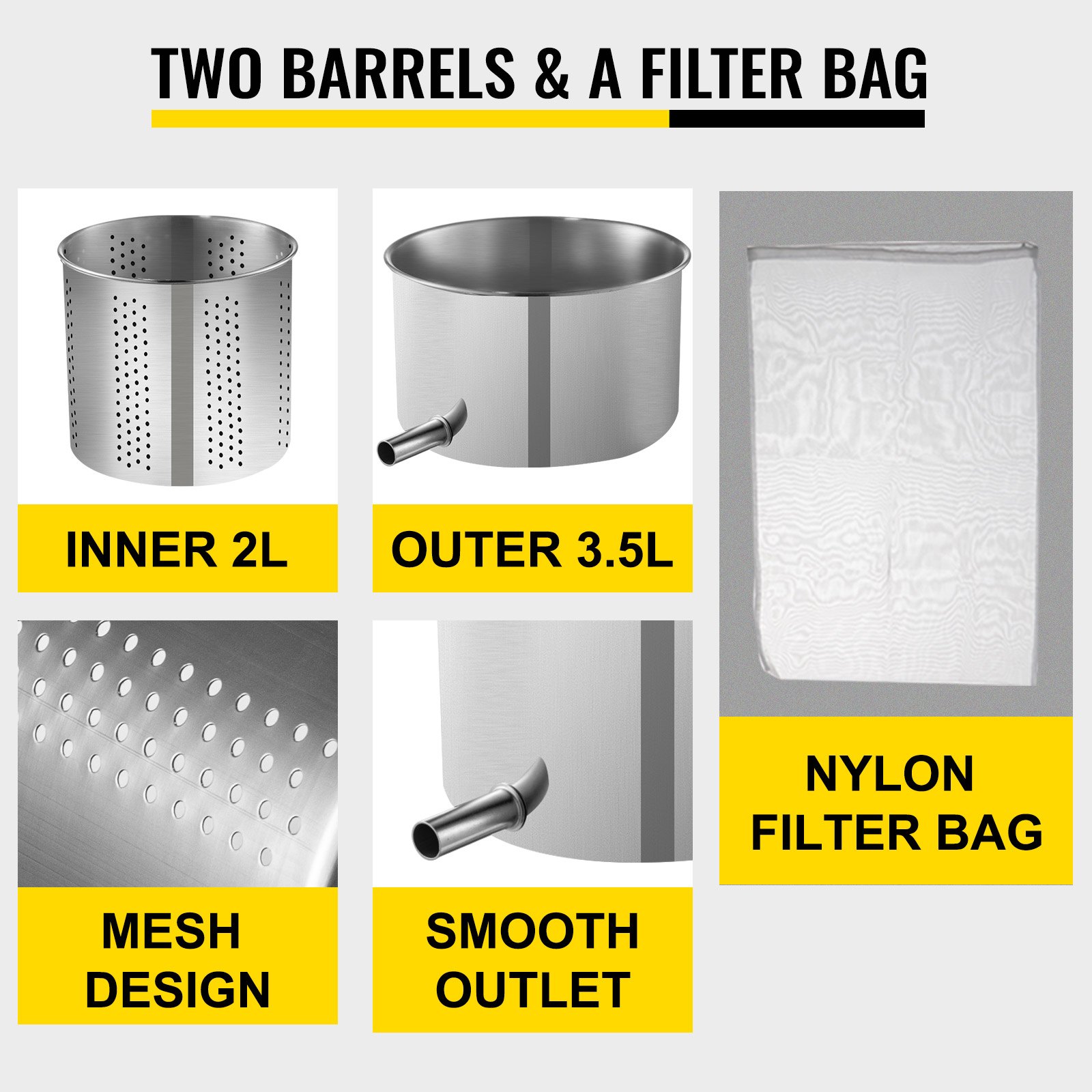 Prensa de vino de frutas VEVOR, prensa de uvas de 3,5 l (0,9 galones) para vinificación, máquina de prensado de vino con 2 barriles de acero inoxidable, prensa para tintura de vino, queso, frutas y verduras con mango en T y placa de 3 mm de grosor.