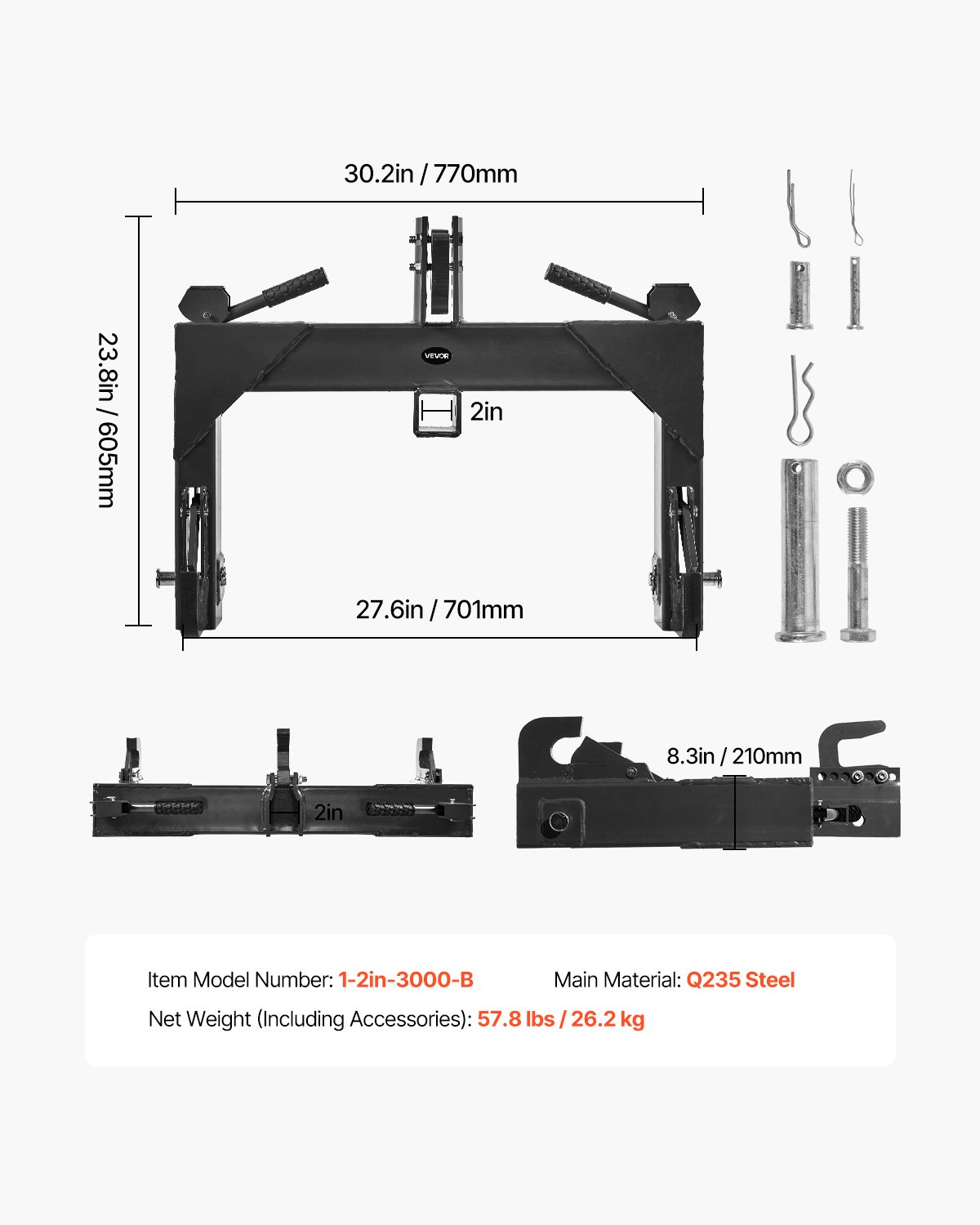 Enganche rápido de 3 puntos VEVOR con receptor de 2 pulgadas, capacidad de elevación de 3000 lb, enganche de 3 puntos con perno ajustable de 5 niveles, apto para tractores de categoría 1 y 2, accesorios de 3 puntos de alta resistencia, color negro