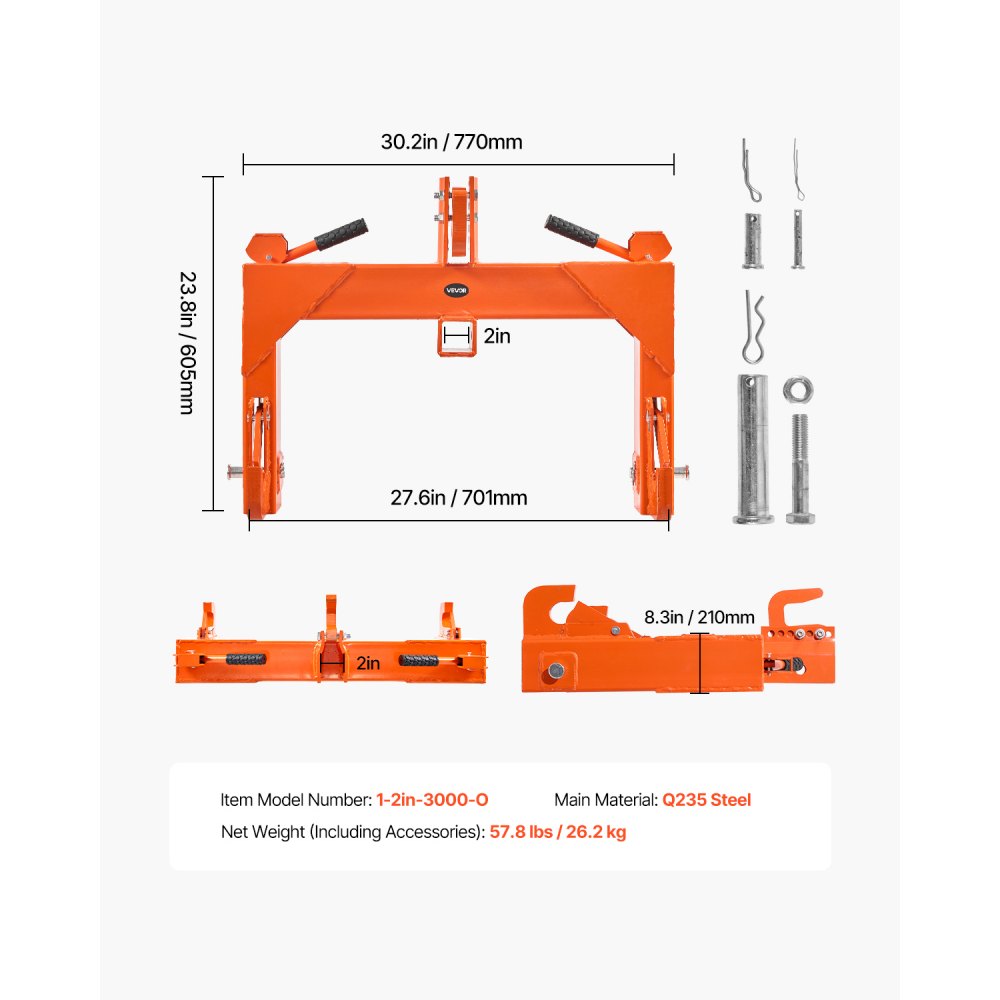 Enganche rápido de 3 puntos VEVOR con receptor de 2 pulgadas, capacidad de elevación de 3000 lb, enganche de 3 puntos con perno ajustable de 5 niveles, apto para tractores de categoría 1 y 2, accesorios de 3 puntos de alta resistencia, color naranja