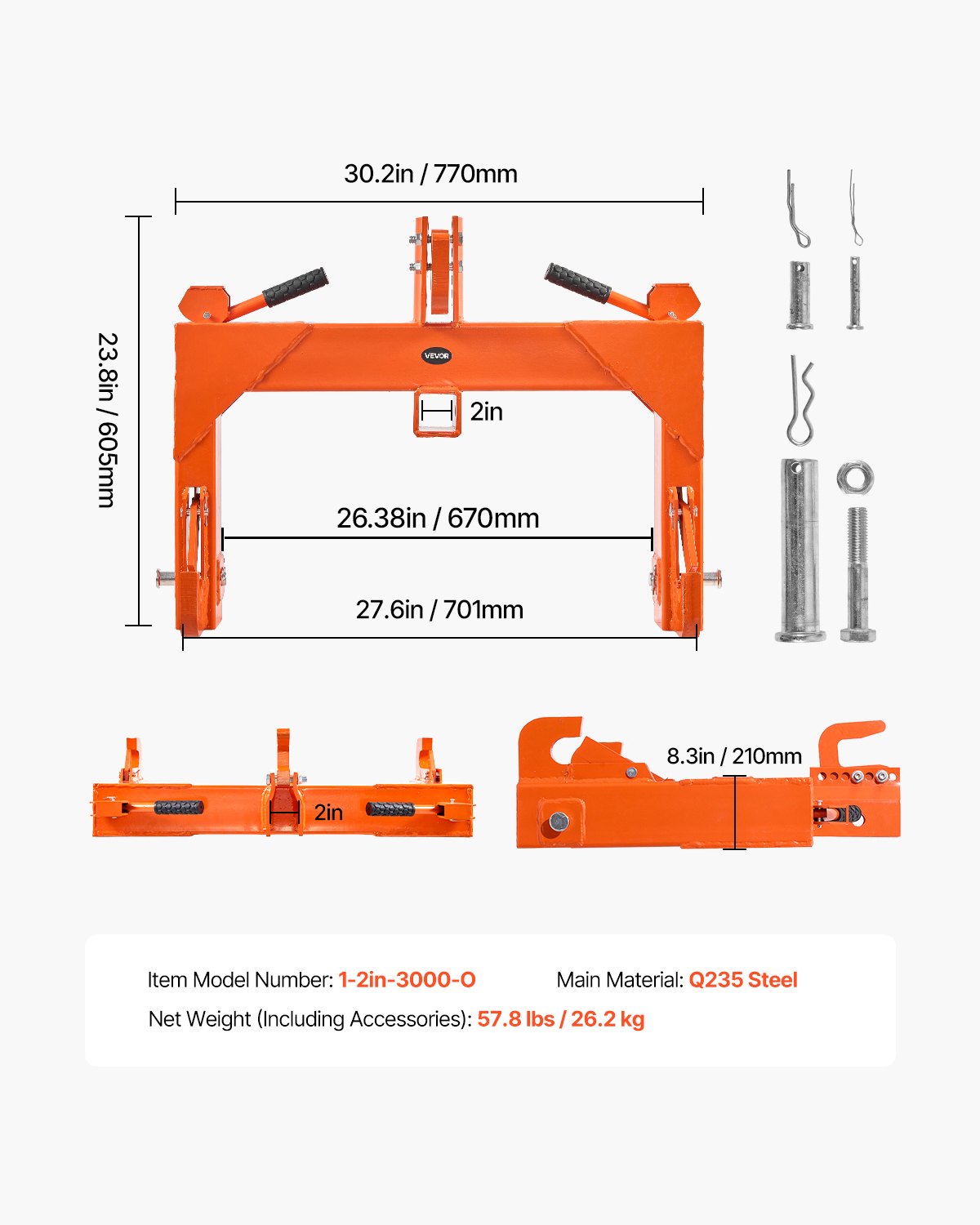 Enganche rápido de 3 puntos VEVOR con receptor de 2 pulgadas, capacidad de elevación de 3000 lb, enganche de 3 puntos con perno ajustable de 5 niveles, apto para tractores de categoría 1 y 2, accesorios de 3 puntos de alta resistencia, color naranja