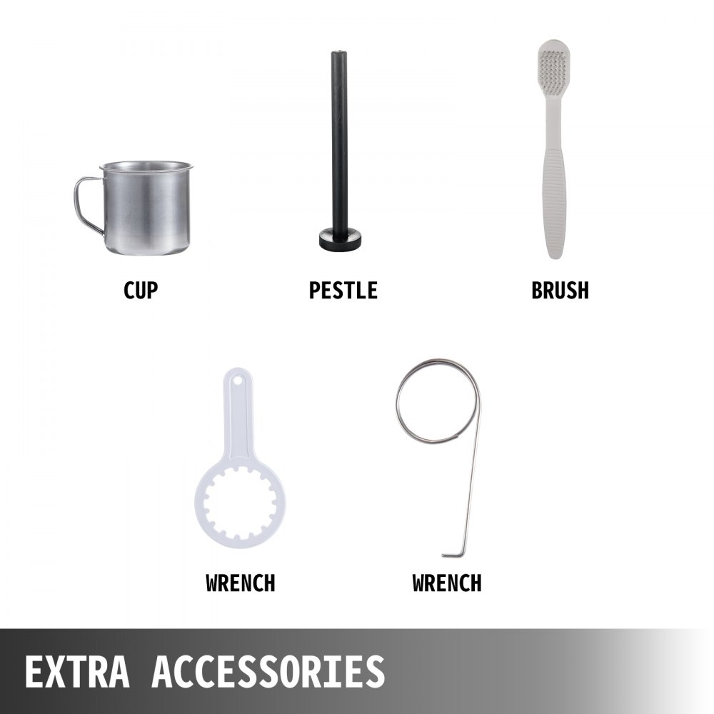 Accesorios para exprimidor de pasto de trigo VEVOR: taza, mortero, cepillo, llaves.