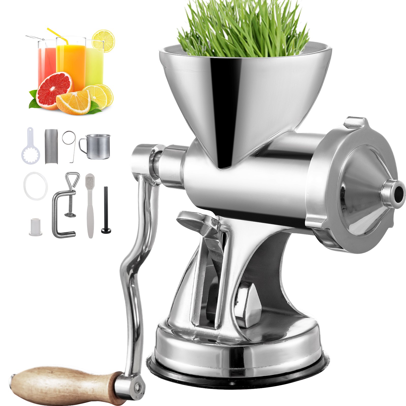 Exprimidor de pasto de trigo VEVOR con accesorios, jugos frescos y frutas cítricas.