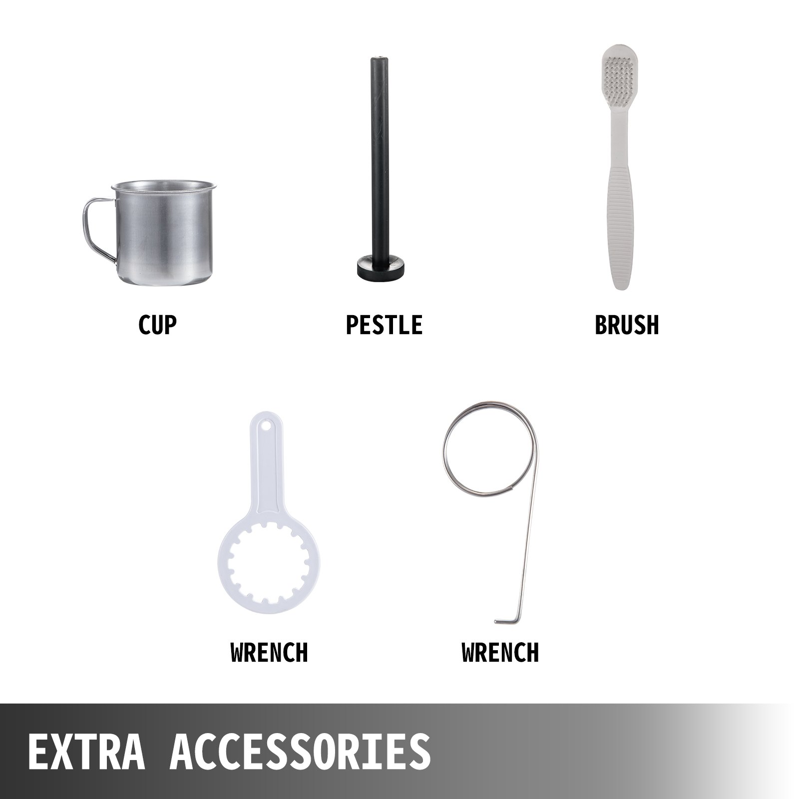 Accesorios para exprimidor de pasto de trigo VEVOR: taza, mortero, cepillo, llaves.