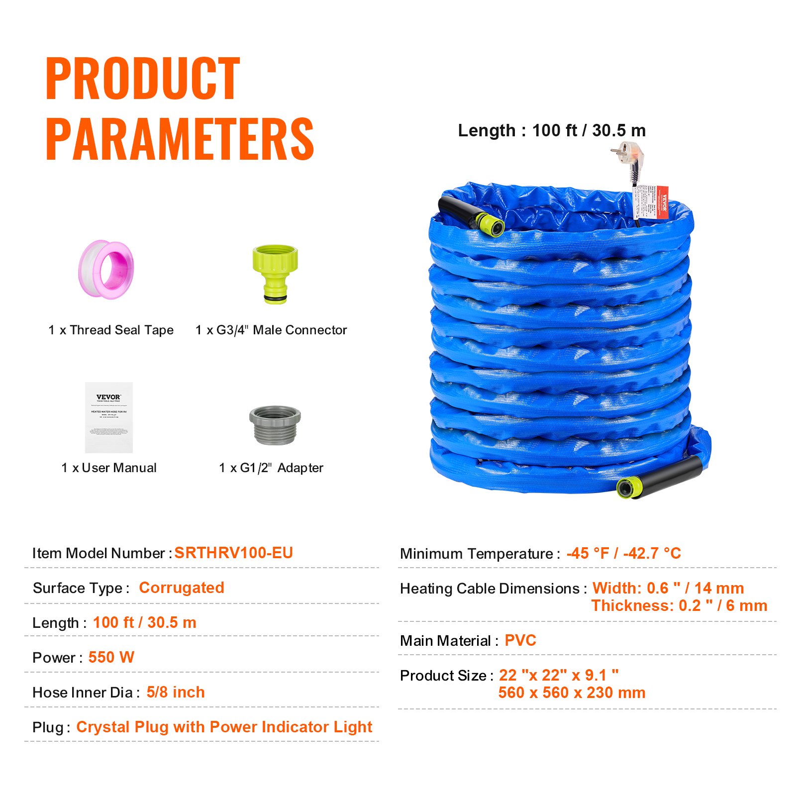 Manguera de agua caliente VEVOR de 30 m para autocaravanas, con cubierta corrugada, anticongelante hasta -45 °F, autorregulación automática, diámetro interior de 16 mm con adaptador GHT de 19 mm, libre de plomo y BPA.