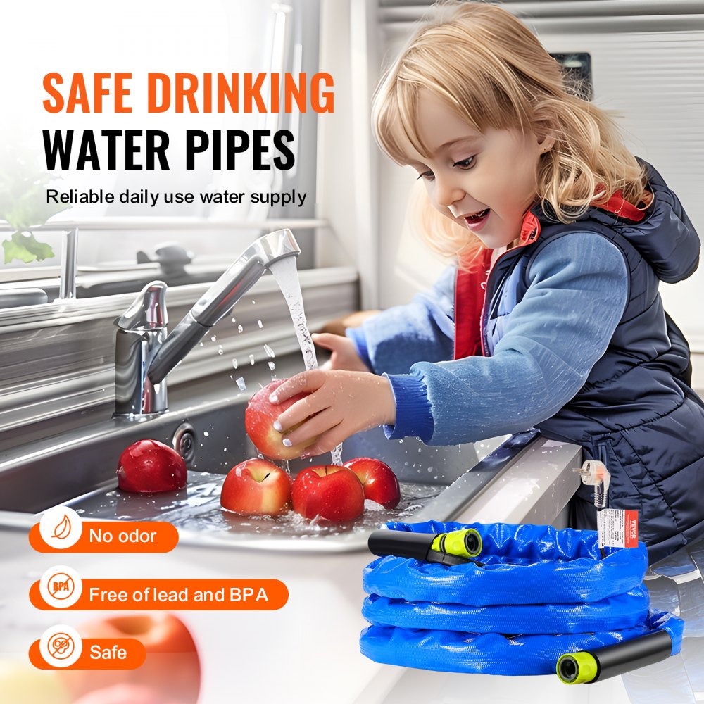 Manguera de agua caliente VEVOR de 4,5 m para autocaravanas, con cubierta corrugada, anticongelante hasta -45 °F, autorregulación automática, diámetro interior de 16 mm con adaptador GHT de 19 mm, libre de plomo y BPA.