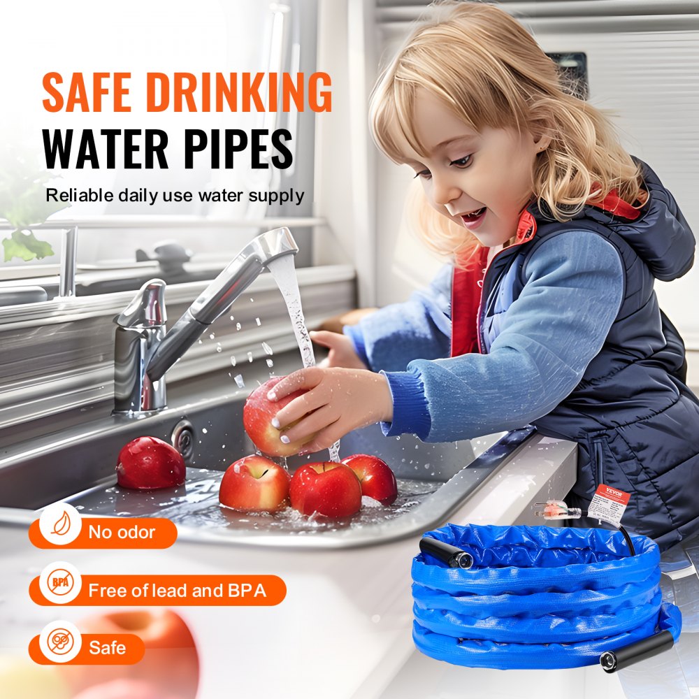 Manguera de agua caliente VEVOR de 9 m para autocaravanas, con cubierta corrugada, anticongelante hasta -45 °F, autorregulación automática, diámetro interior de 16 mm con adaptador GHT de 19 mm, libre de plomo y BPA.