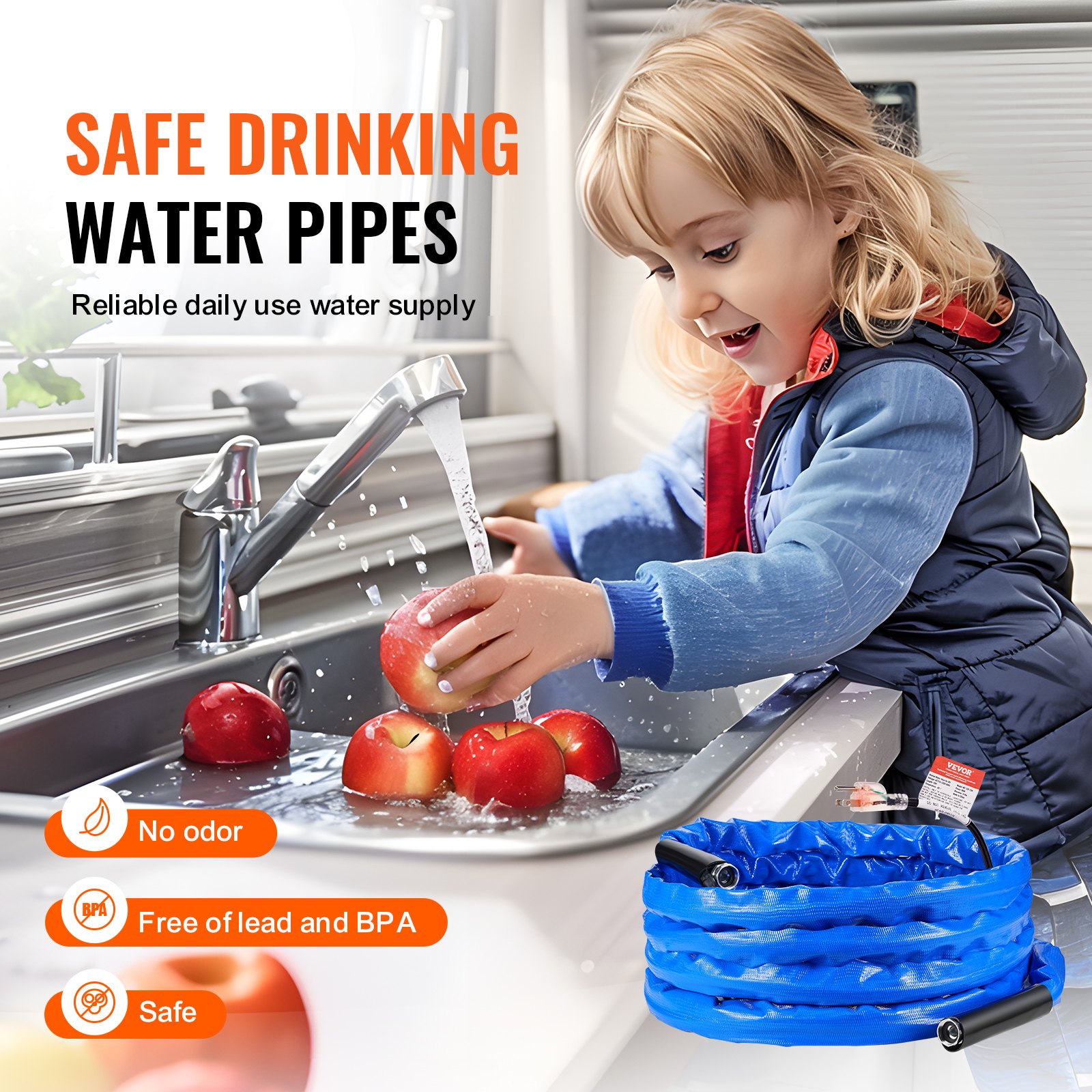 Manguera de agua caliente VEVOR de 9 m para autocaravanas, con cubierta corrugada, anticongelante hasta -45 °F, autorregulación automática, diámetro interior de 16 mm con adaptador GHT de 19 mm, libre de plomo y BPA.