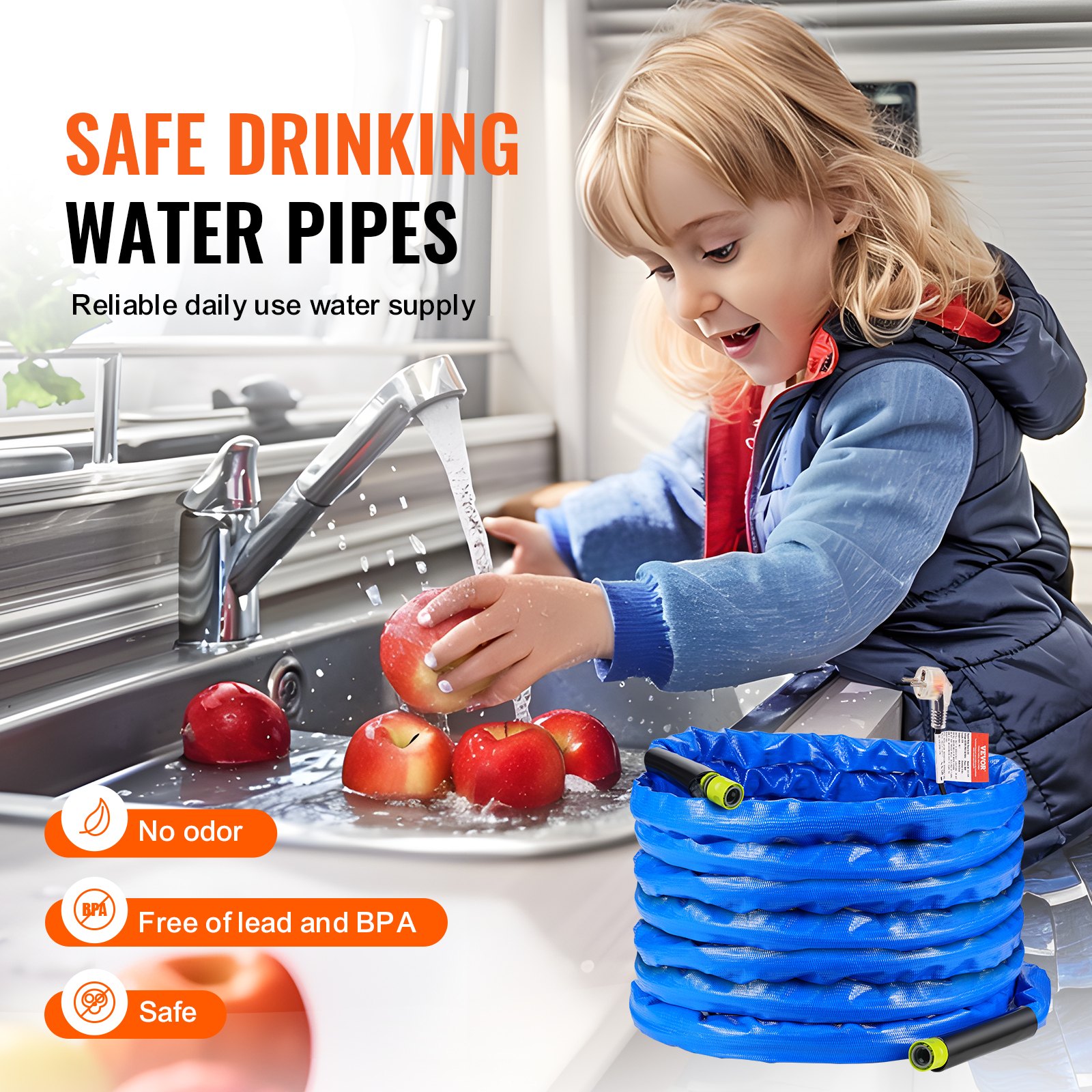 Manguera de agua caliente VEVOR de 15 m para autocaravanas, con cubierta corrugada, anticongelante hasta -45 °F, autorregulación automática, diámetro interior de 16 mm con adaptador GHT de 19 mm, libre de plomo y BPA.