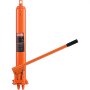 Gato hidráulico VEVOR naranja con mango extendido y etiqueta de producto.