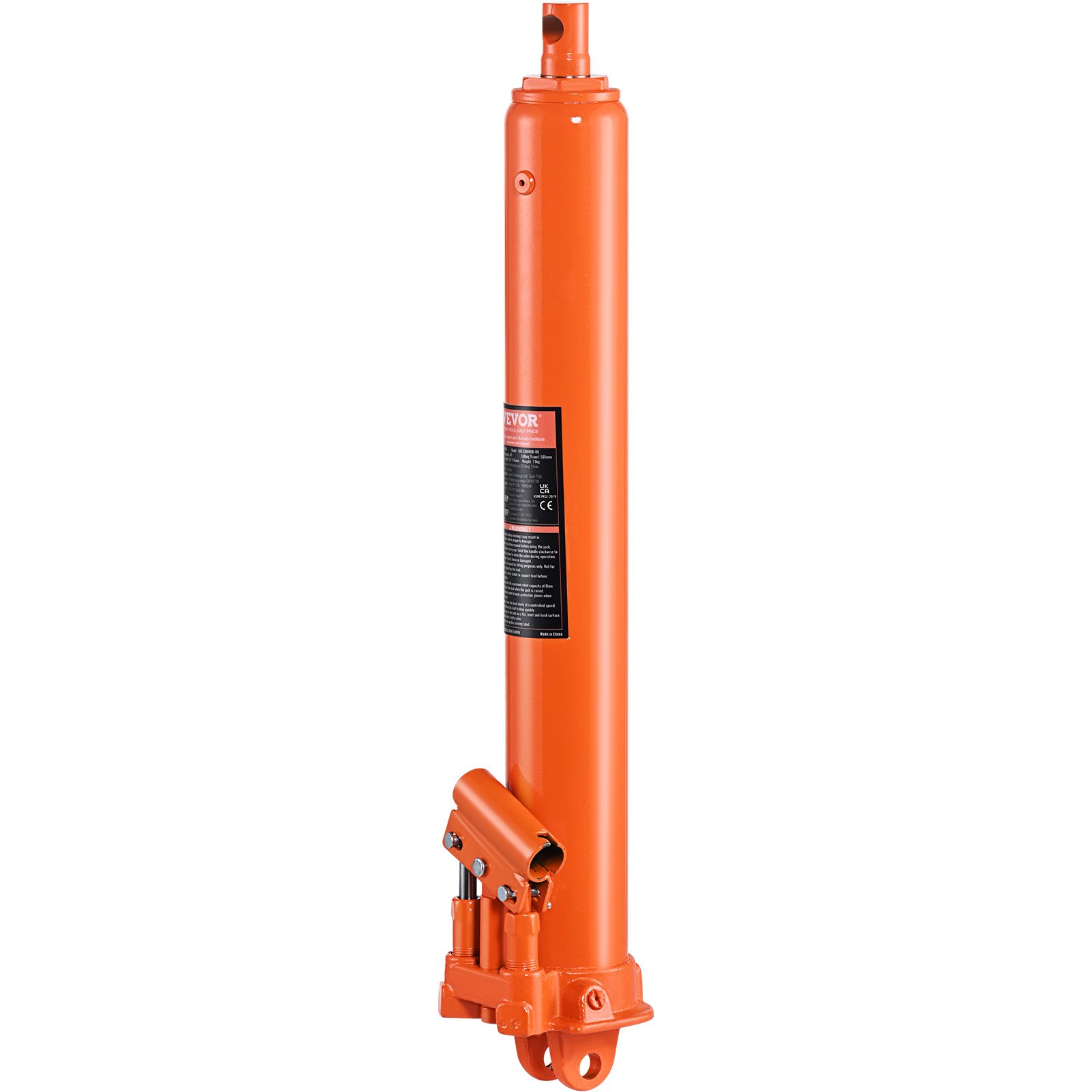 Gato hidráulico VEVOR naranja con etiqueta negra y conjunto de base reforzada.