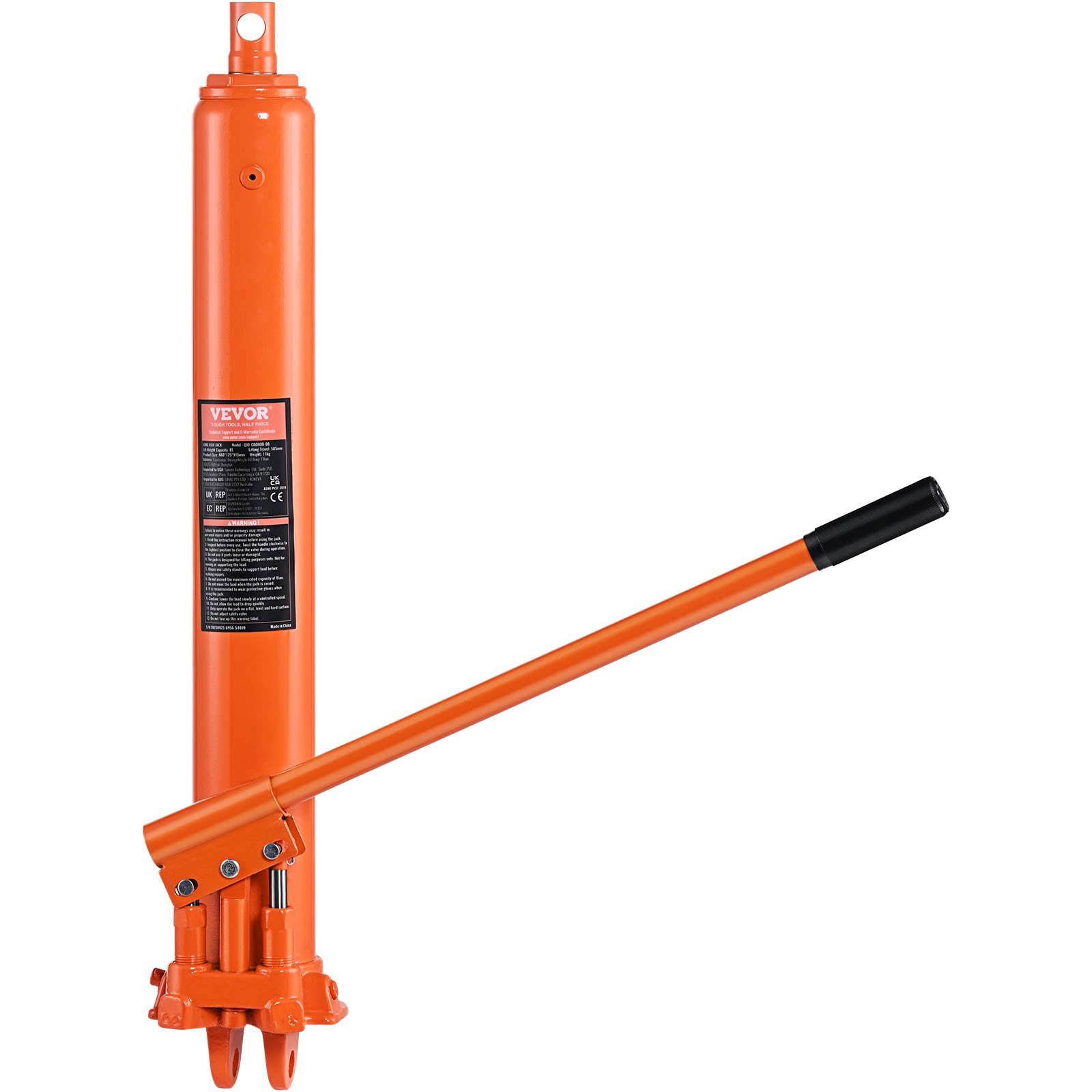 Gato hidráulico VEVOR naranja con mango extendido y etiqueta de producto.